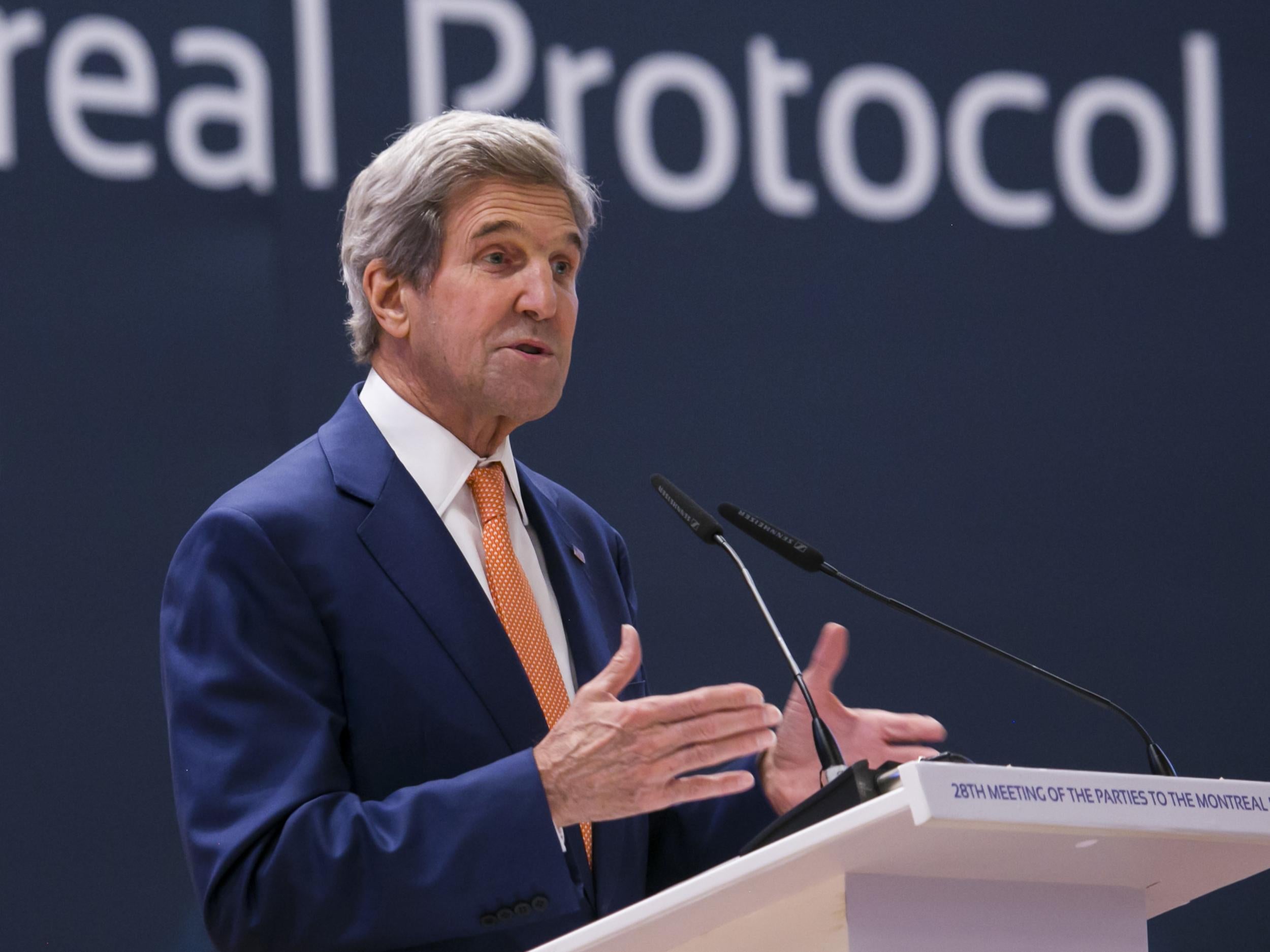 US Secretary of State John Kerry delivers a keynote address at the meeting promoting US climate and environmental goals