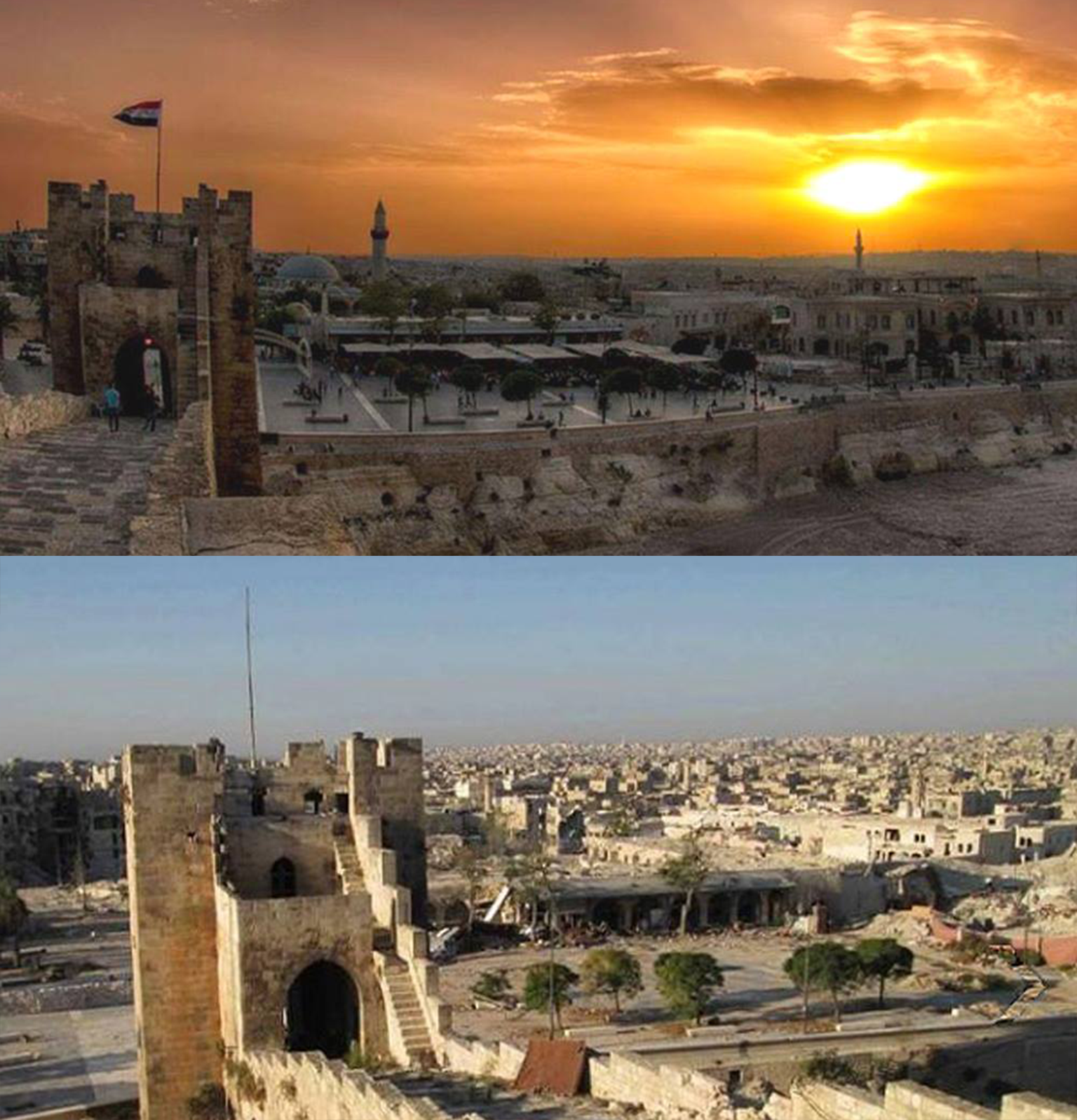 A proud flag no longer flies atop Aleppo’s Citadel in the picture below – and its stunning view has been transformed into a glimpse of the destruction that lies beyond the historic building