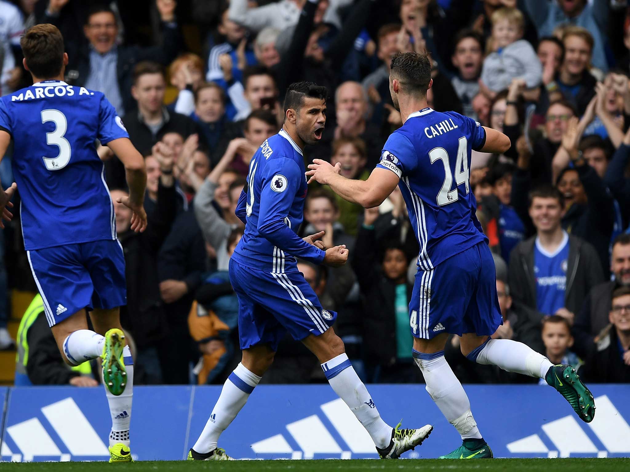 Diego Costa celebrates putting Chelsea ahead against Leicester