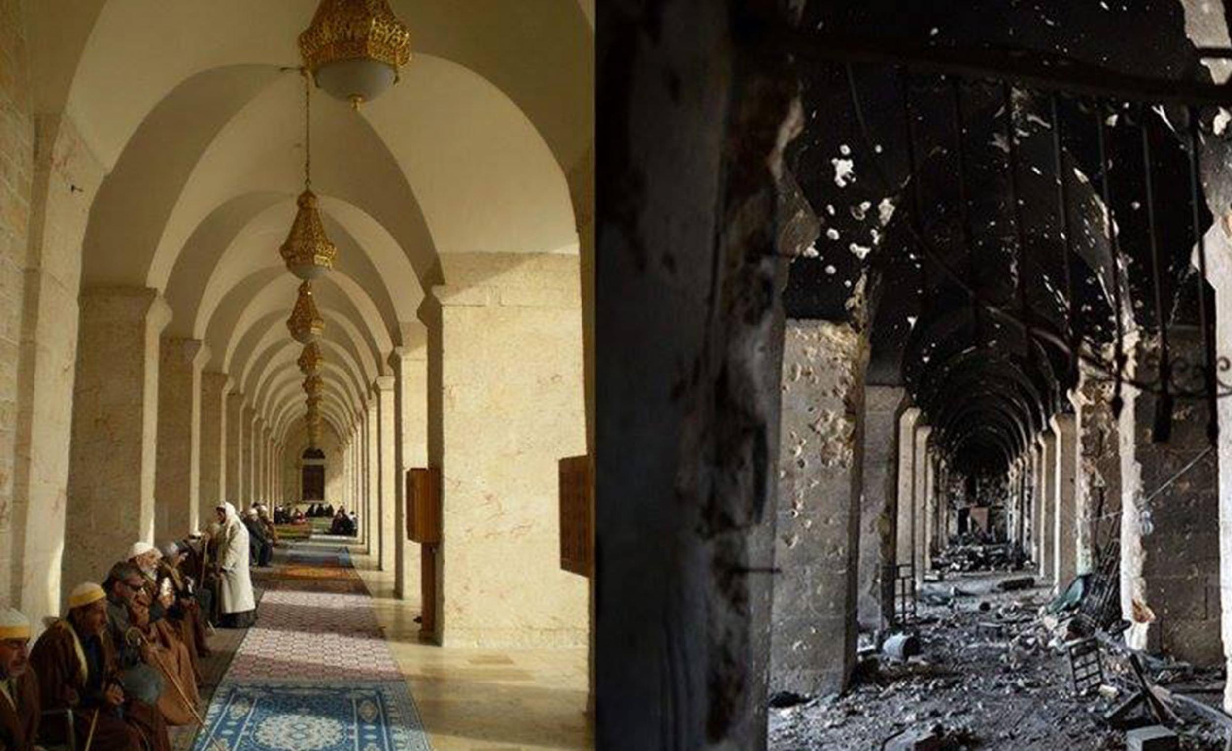 Like day and night, the Umayyad Mosque of Aleppo, built between the 8th and 13th centuries, is one of many historic sites left in charred ruins after heavy fighting