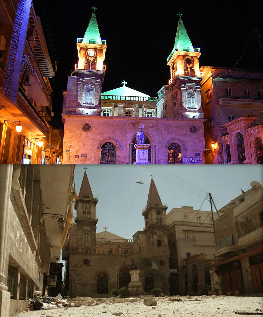 No longer brightly lit, the Saint Elias Cathedral, an Eastern Catholic church in Farhat Square, is thought to have come out of 2012 shellings unscathed