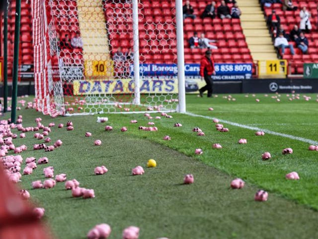 Plastic pigs litter the pitch at The Valley