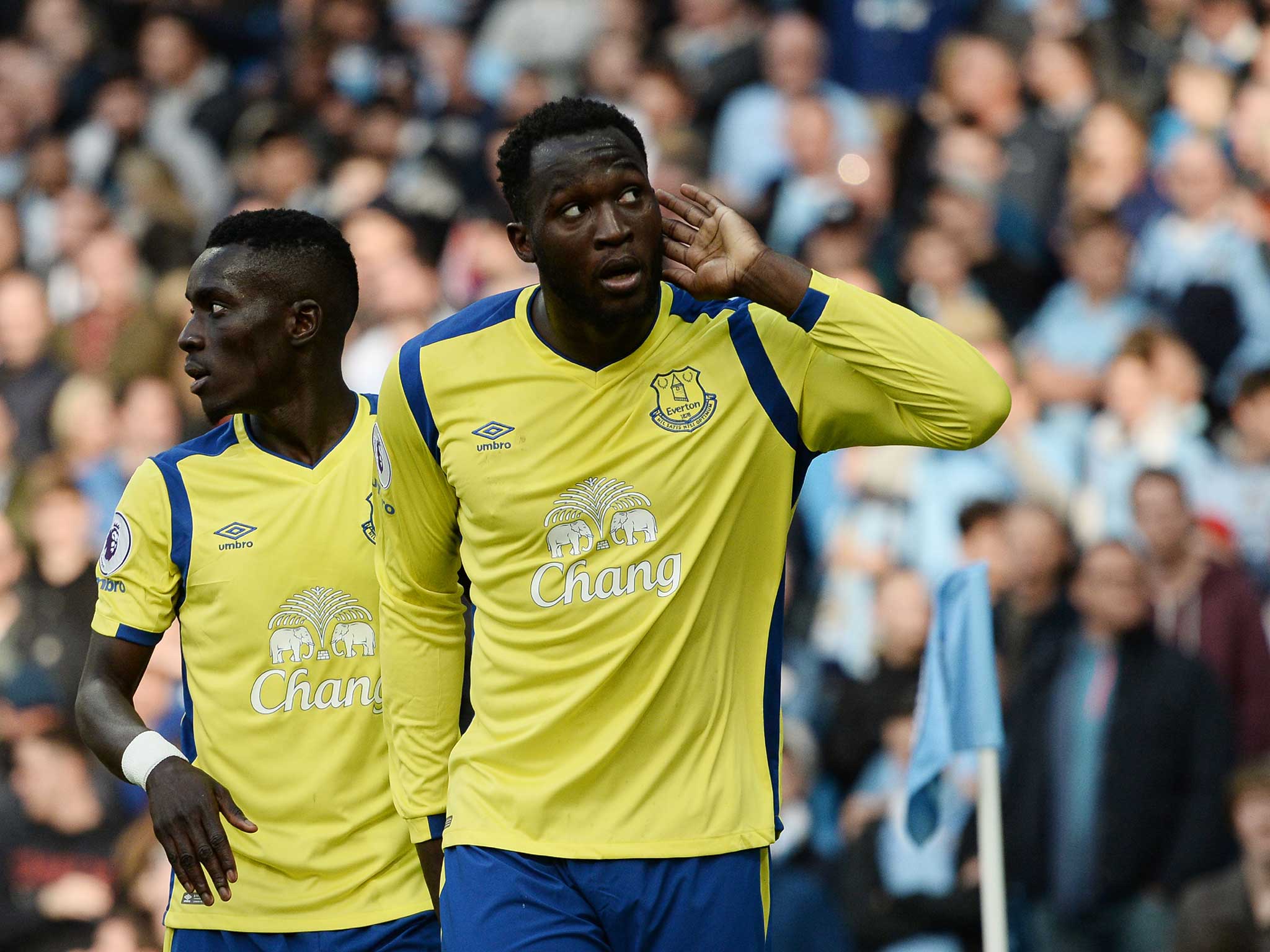 Romelu Lukaku celebrates putting Everton ahead against Manchester City earlier this season