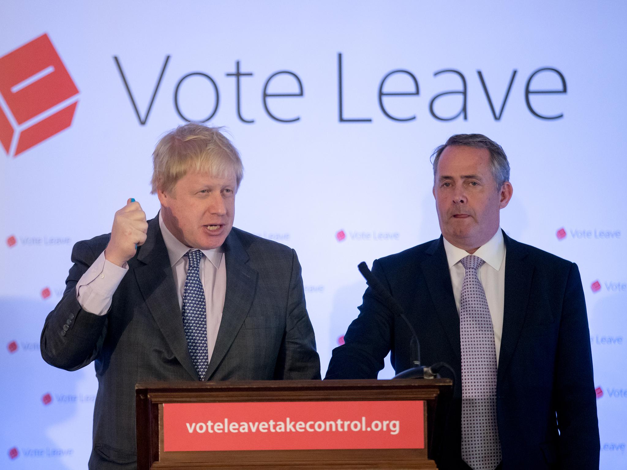 Conservative MP Boris Johnson (L) and Conservative MP and former Secretary of State for Defence Liam Fox speak at a Vote Leave event on May 14, 2016 in Bristol, England