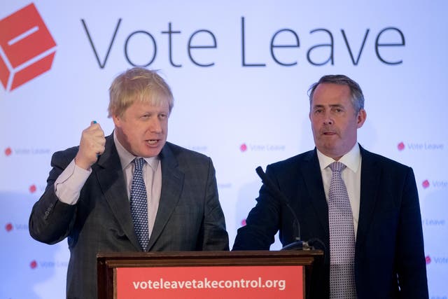 Conservative MP Boris Johnson (L) and Conservative MP and former Secretary of State for Defence Liam Fox speak at a Vote Leave event on May 14, 2016 in Bristol, England