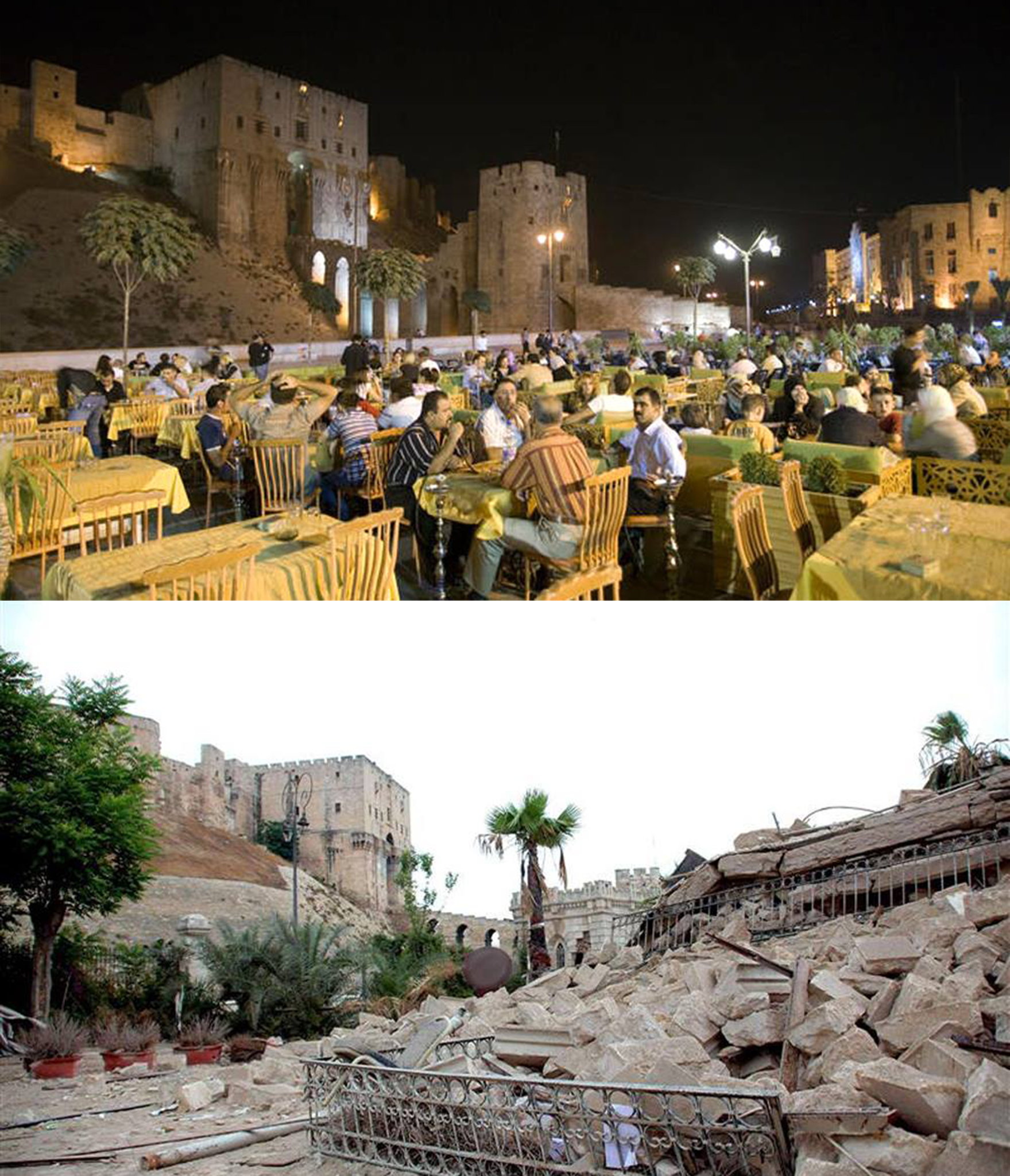 An outdoor dining area with a stunning view is replaced by rubble in the aftermath