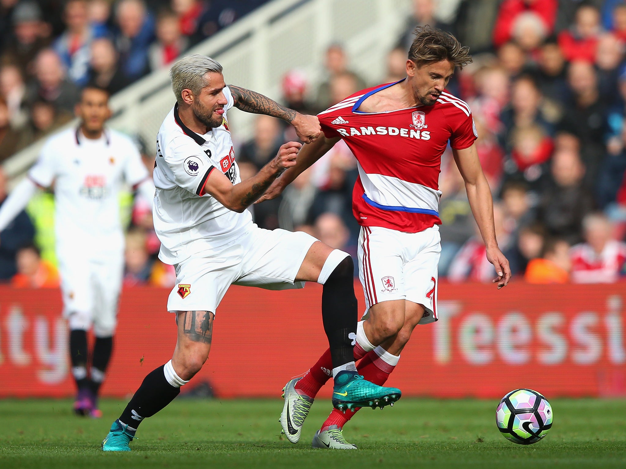 Behrami and Ramirez battle for the ball at the Riverside
