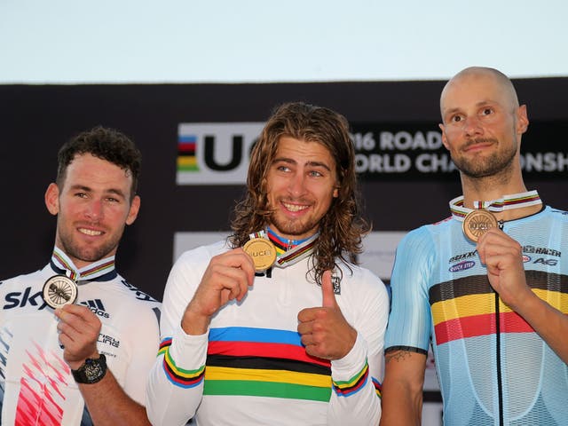 Second-place Cavendish poses with Sagan and Boonen