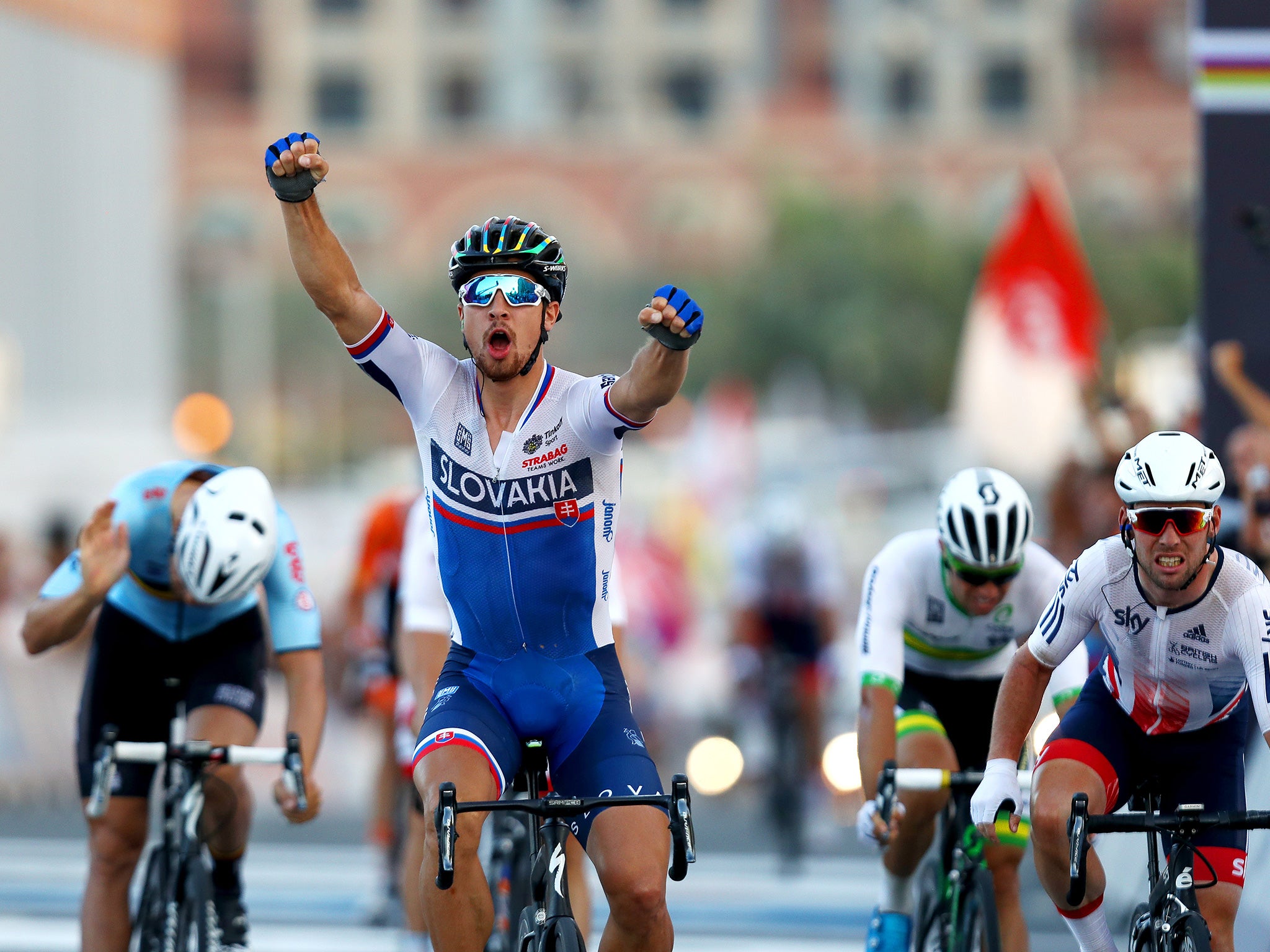 Sagan celebrates crossing the line in Doha