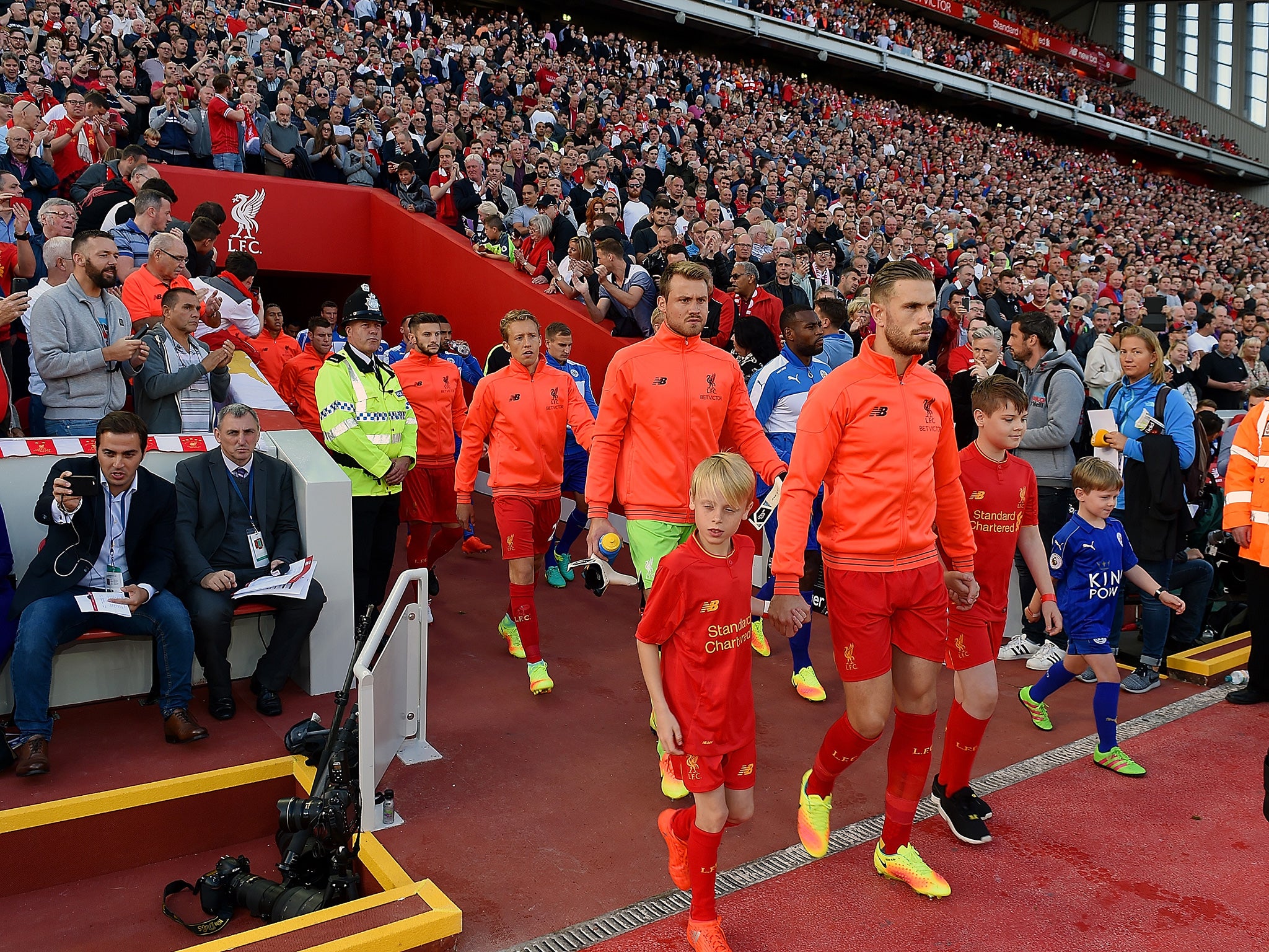 Henderson leads his team out of Anfield's new Main Stand for the first time