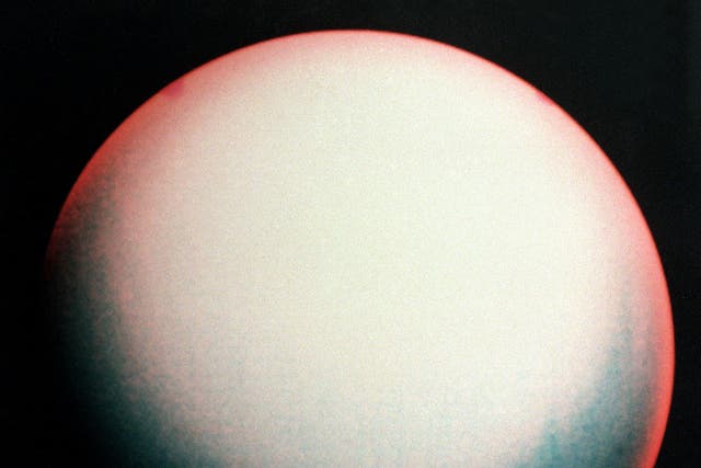 A false color view of Uranus made from images taken by Voyager II, 21 January 1986 from a distance of 4,17 million kilometers