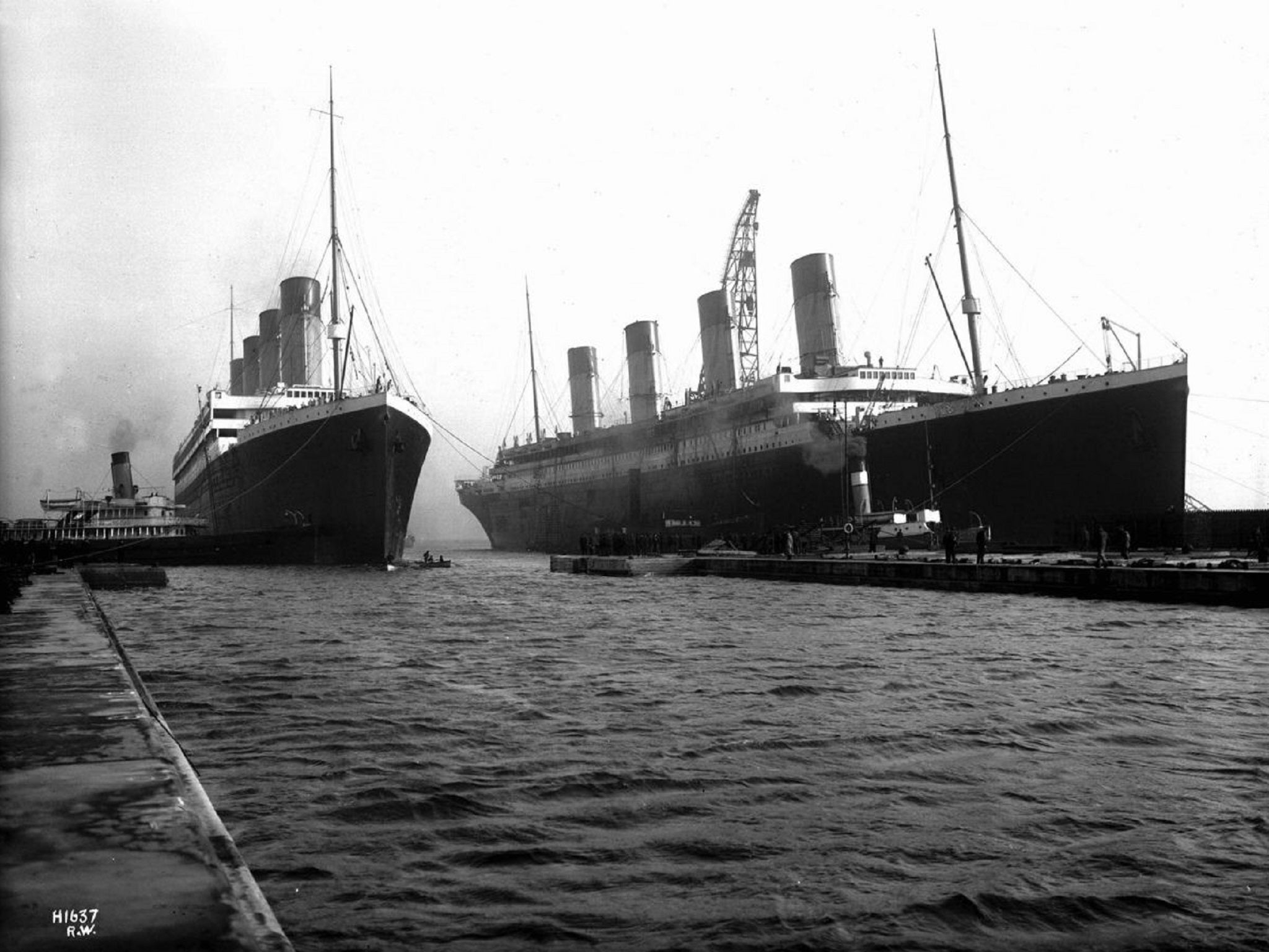 The Titanic and Britannic side by side in Southampton docks
