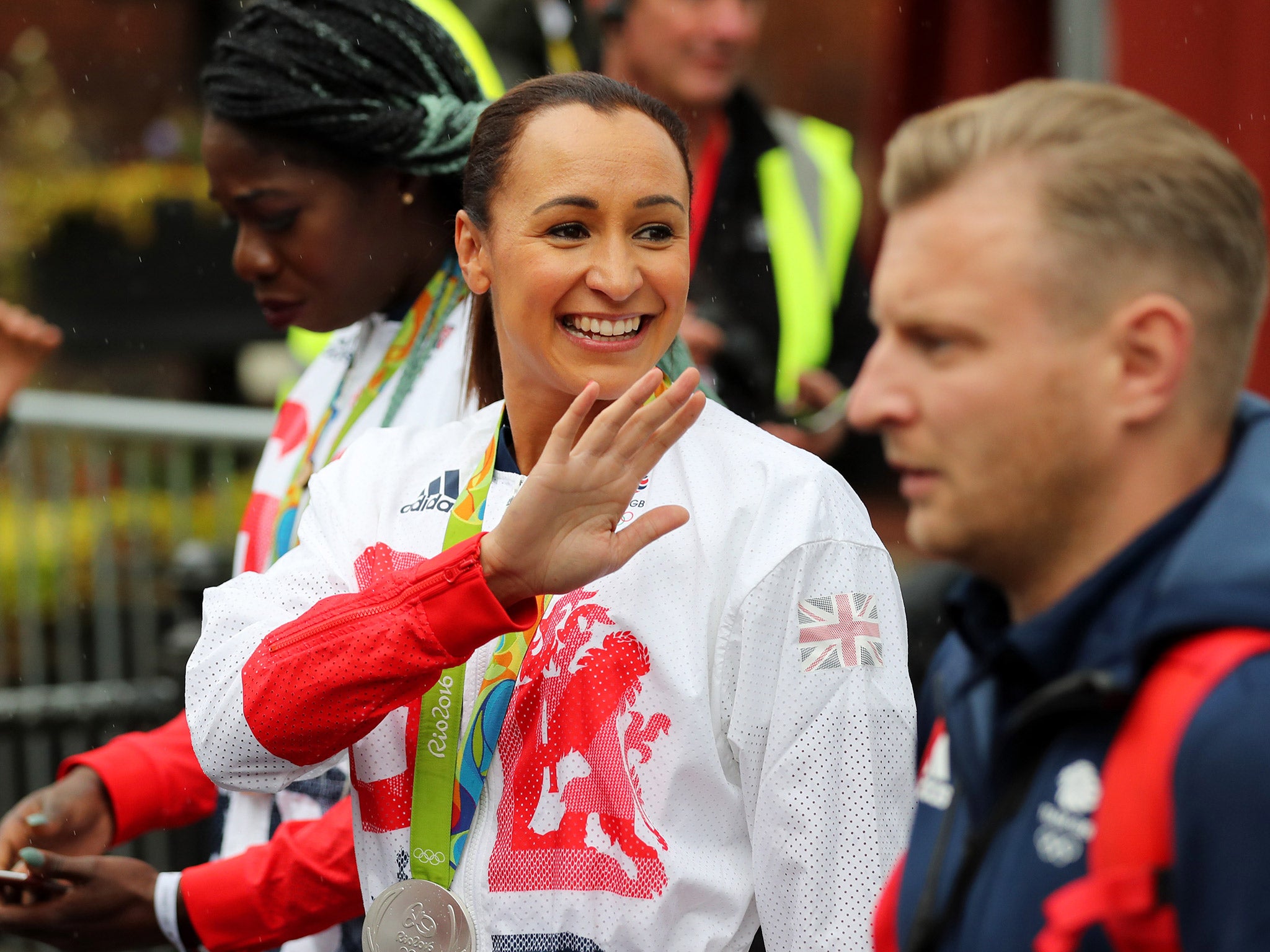 Jessica Ennis-Hill waves to fans during the Manchester Olympic parade after announcing her retirement