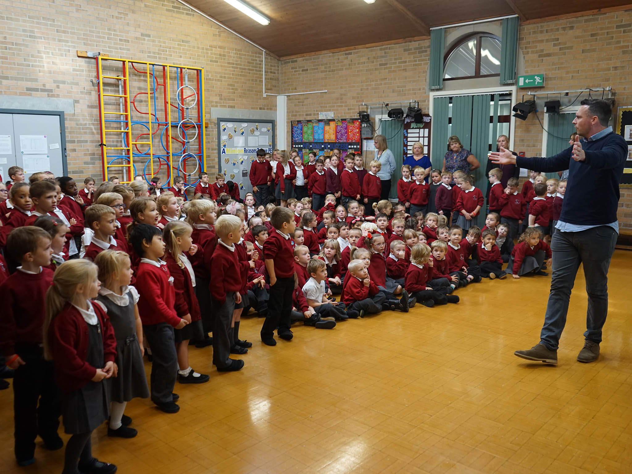 Kevin Mackay educating the children of Lawns Park primary school in Leeds in assembly about preventing food waste