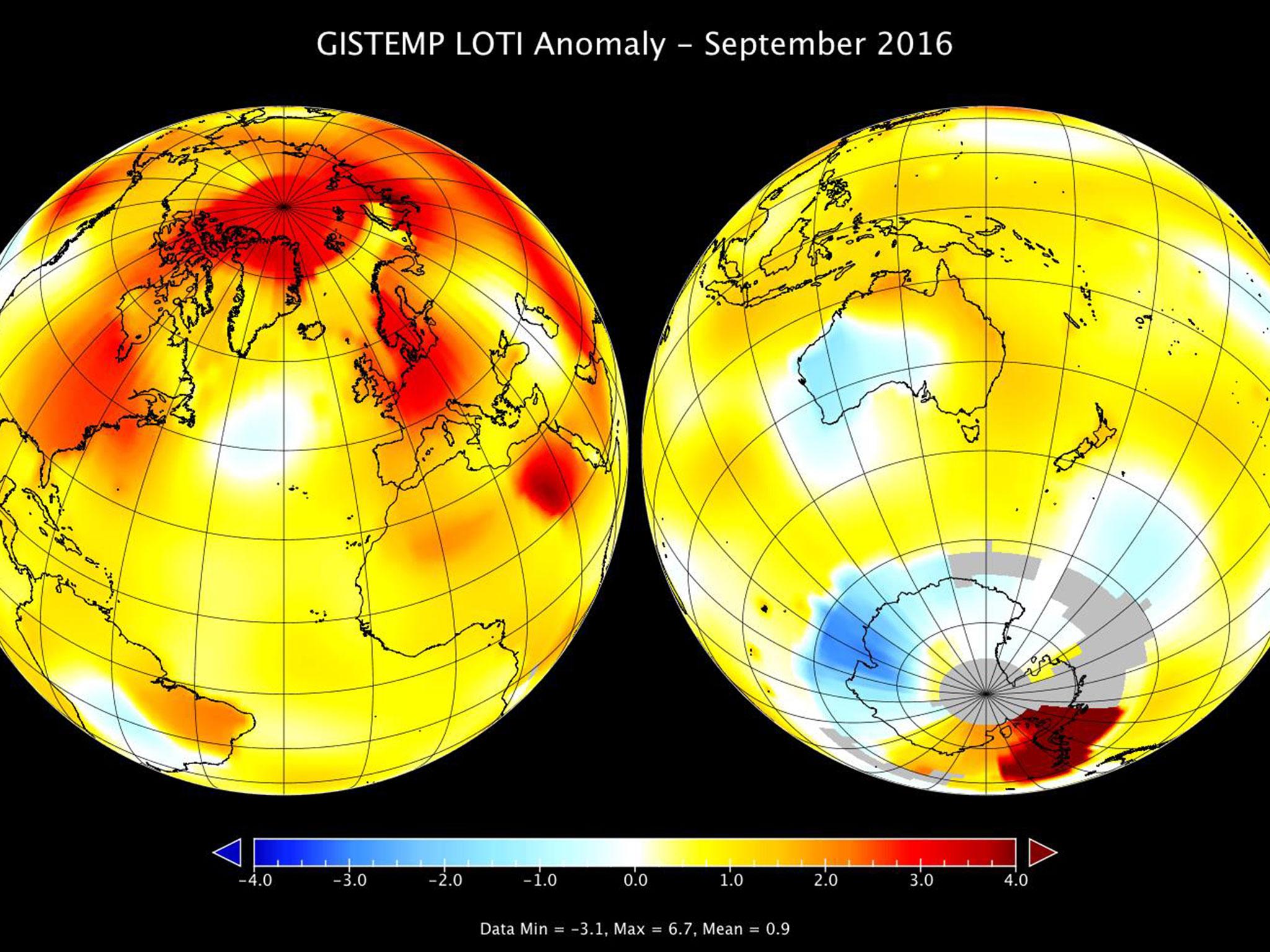 A heat map of Earth during September shows the warming was concentrated in the northern hemisphere