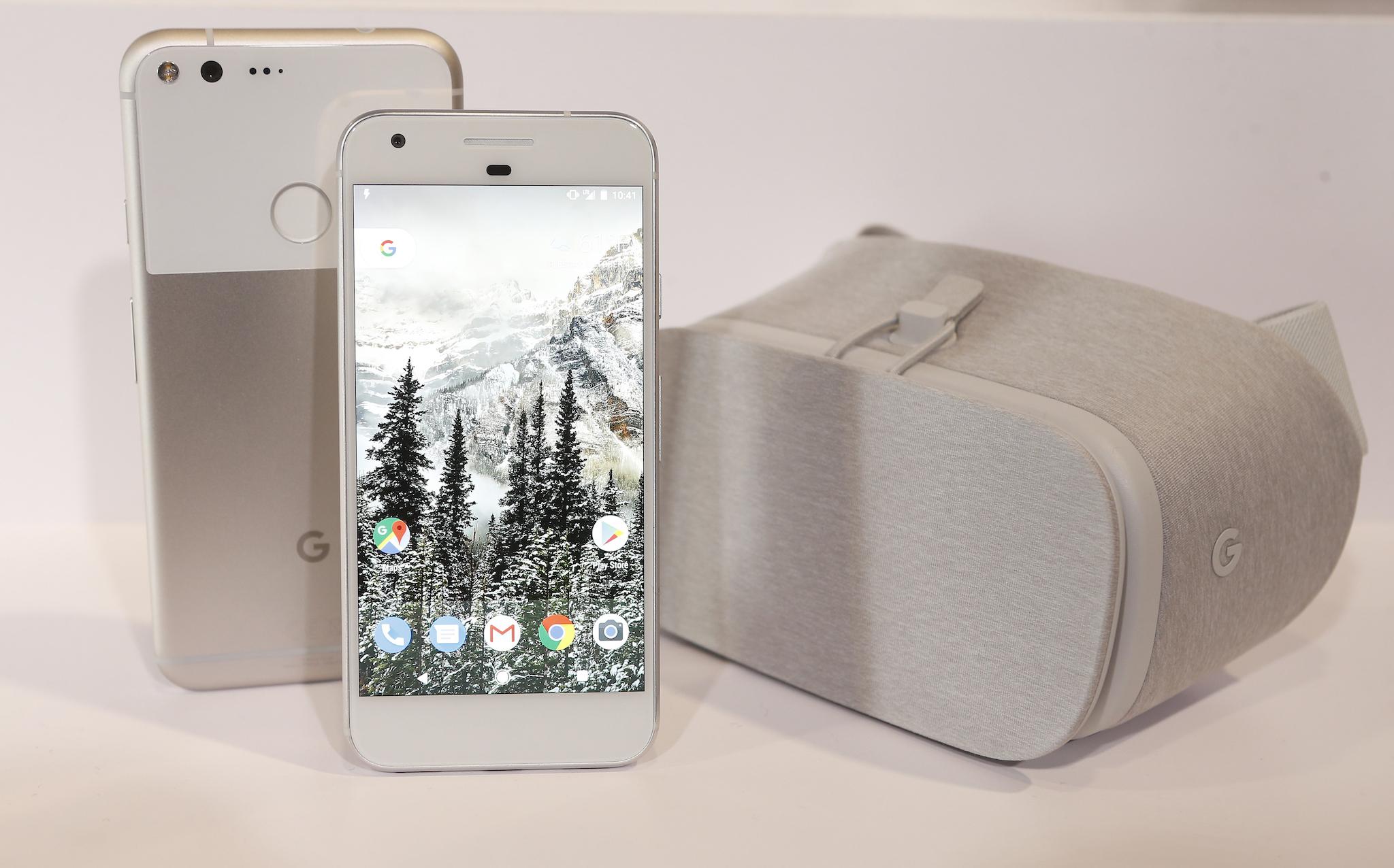 The original Google Pixel phones and the Google Daydream View VR viewer are displayed during the presentation of Google hardware in San Francisco, California, 2016