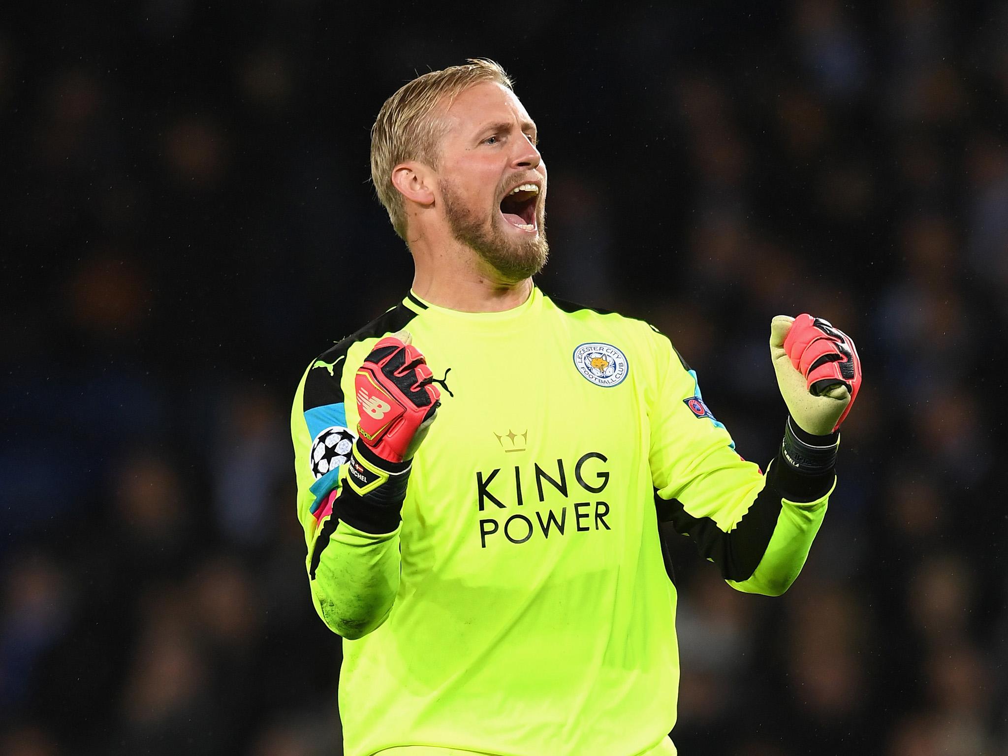 Schmeichel celebrates Mahrez's first-half strike (Getty)