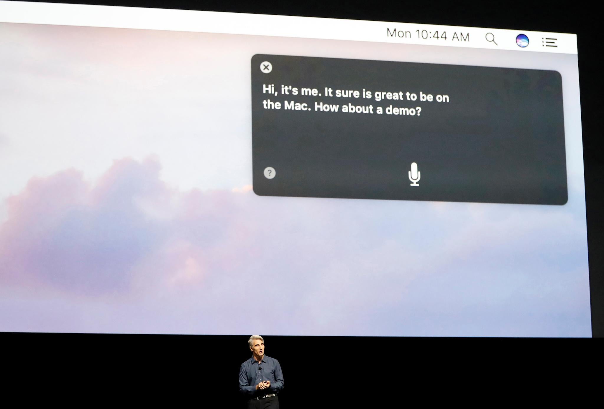 Craig Federighi, Senior Vice President of Software Engineering for Apple Inc, discusses the Siri desktop assistant for Mac OS Sierra at the company's World Wide Developers Conference in San Francisco, California