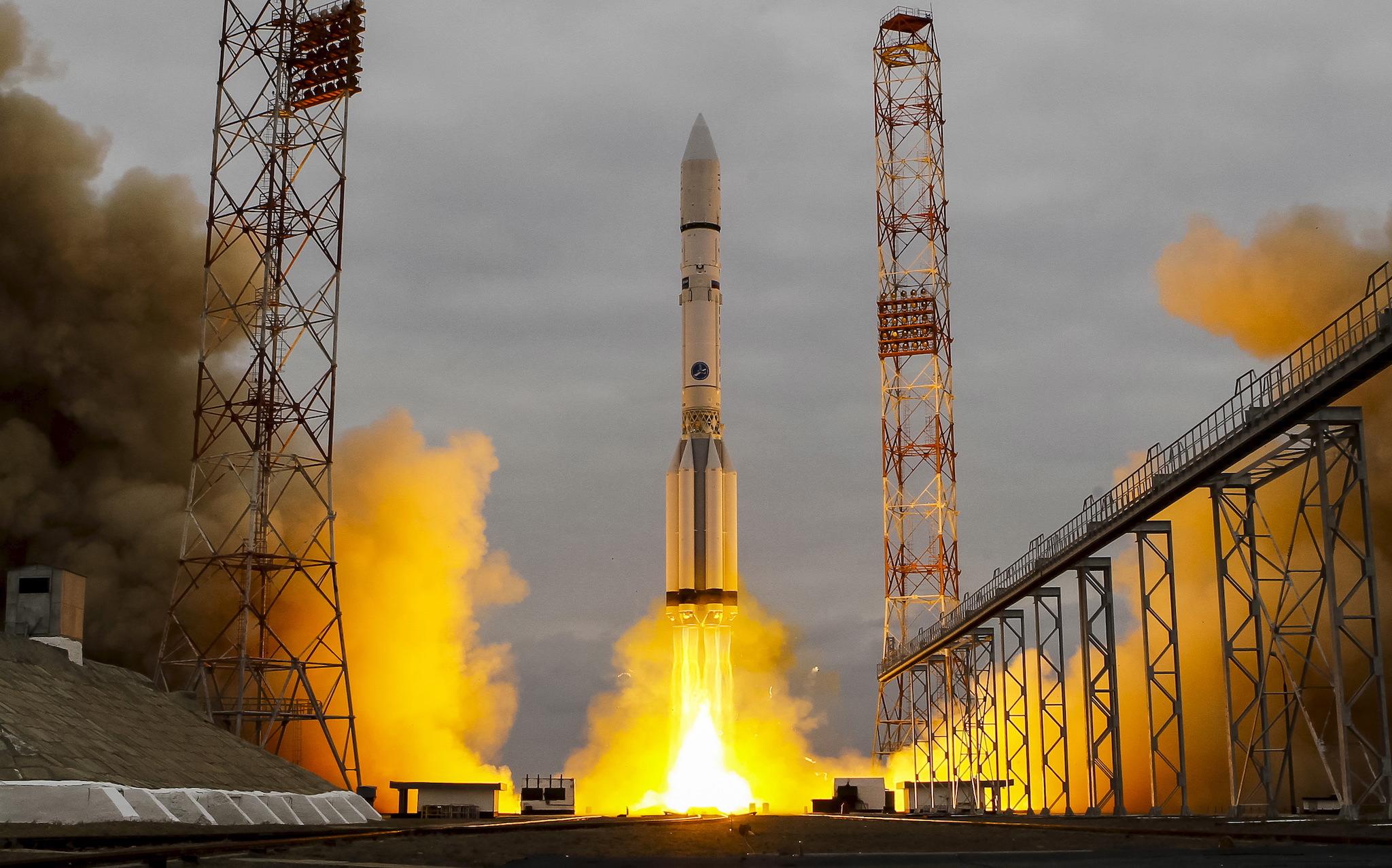 The Proton-M rocket, carrying the ExoMars 2016 spacecraft to Mars, blasts off from the launchpad at the Baikonur cosmodrome, Kazakhstan