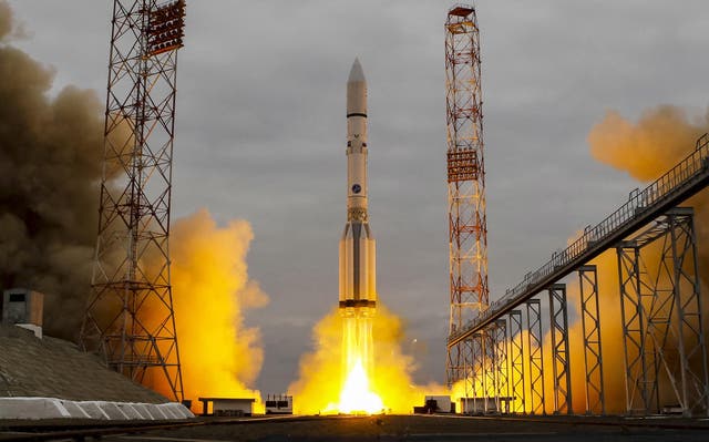 The Proton-M rocket, carrying the ExoMars 2016 spacecraft to Mars, blasts off from the launchpad at the Baikonur cosmodrome, Kazakhstan