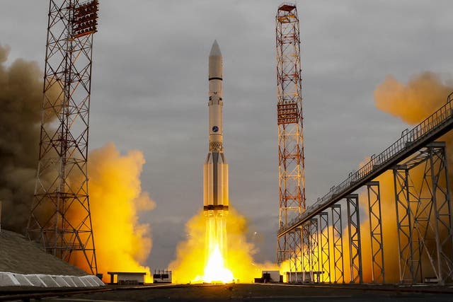 The Proton-M rocket, carrying the ExoMars 2016 spacecraft to Mars, blasts off from the launchpad at the Baikonur cosmodrome, Kazakhstan