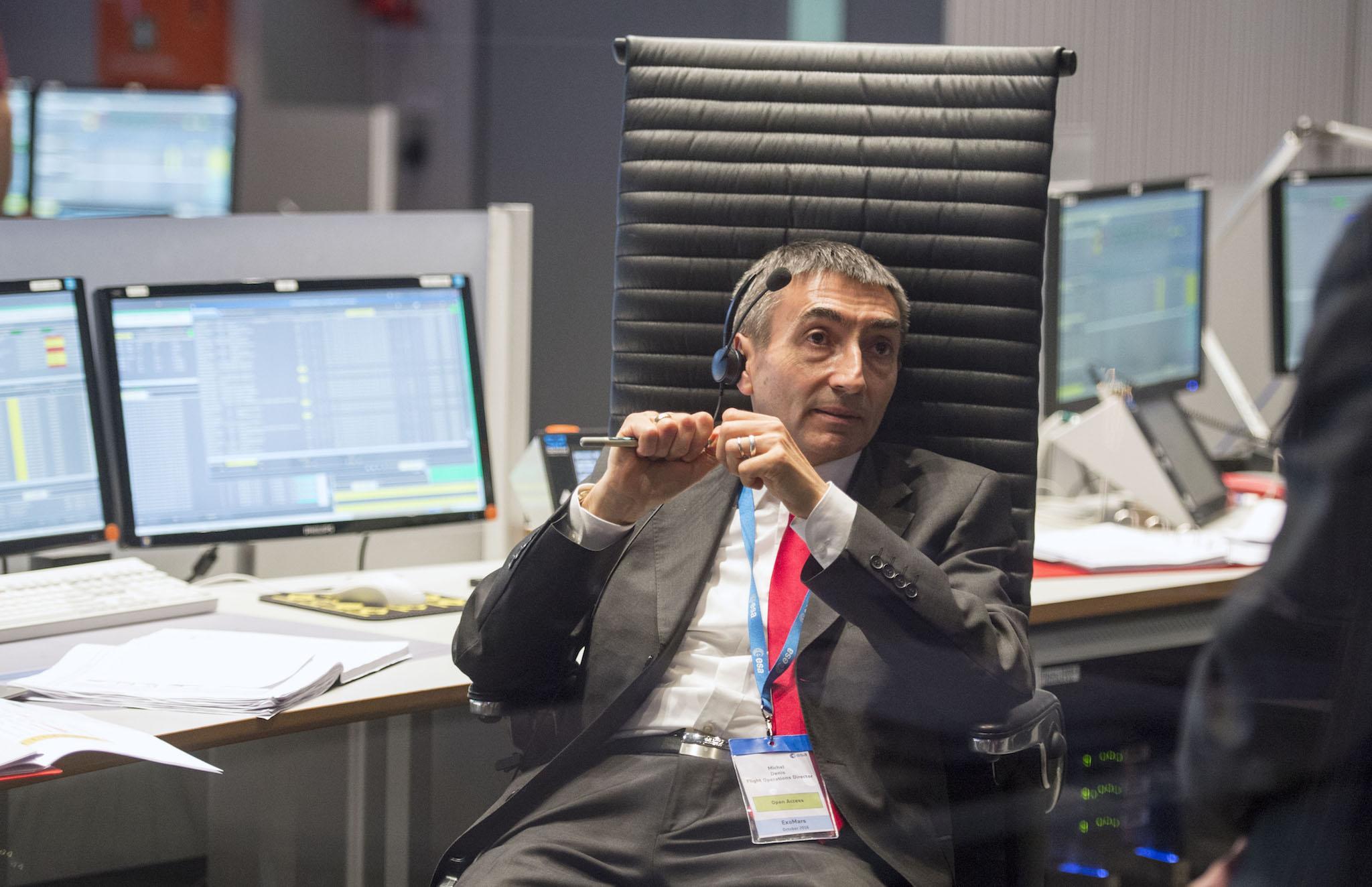 Michel Denis, French ExoMars Flight Director, is seen in the main control room of the European Space Agency (ESA) prior to the expected landing of the decent modul Schiaparelli of European-Russian ExoMars 2016 mission