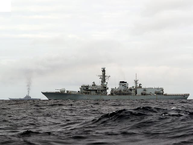 <p>File photo. HMS Richmond (front), a Type 23 Duke Class frigate, observing aircraft carrier, which is part of a Russian task group, during transit through the North Sea</p>