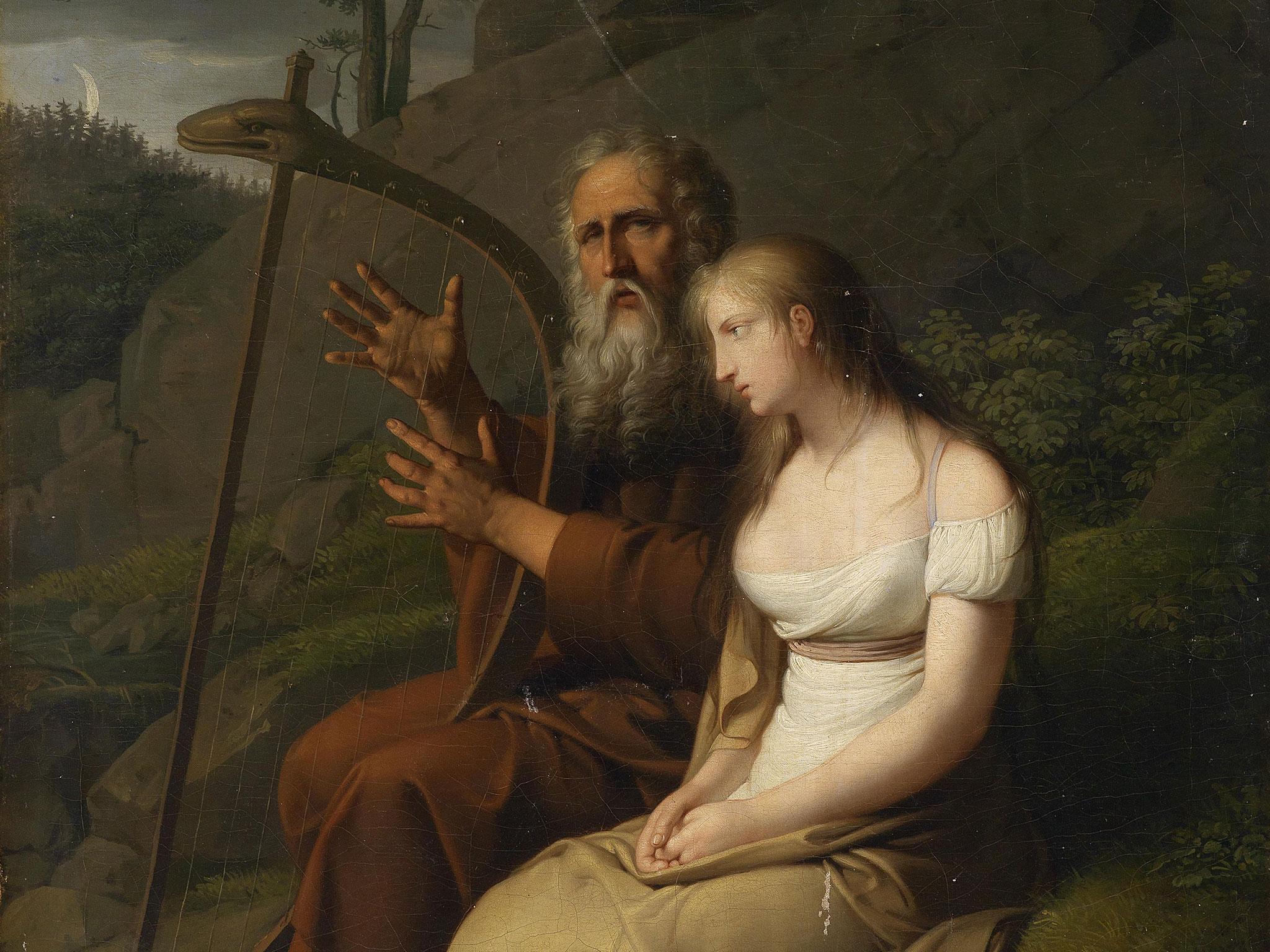 Ossian plays a harp and sings of Fingal to Malvina, a name probably made up by James Macpherson that became popular in Norway amid the success of the epic poems, in this 1810 painting by Johann Peter Krafft