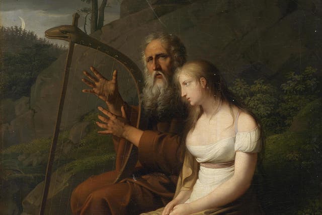 Ossian plays a harp and sings of Fingal to Malvina, a name probably made up by James Macpherson that became popular in Norway amid the success of the epic poems, in this 1810 painting by Johann Peter Krafft