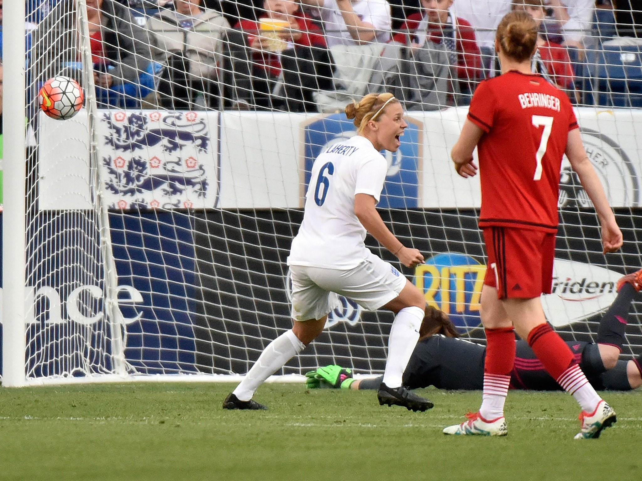 Duggan celebrates after scoring a goal against Germany in a friendly international match of the Shebelieves Cup at Nissan Stadium on March 6, 2016 in Nashville