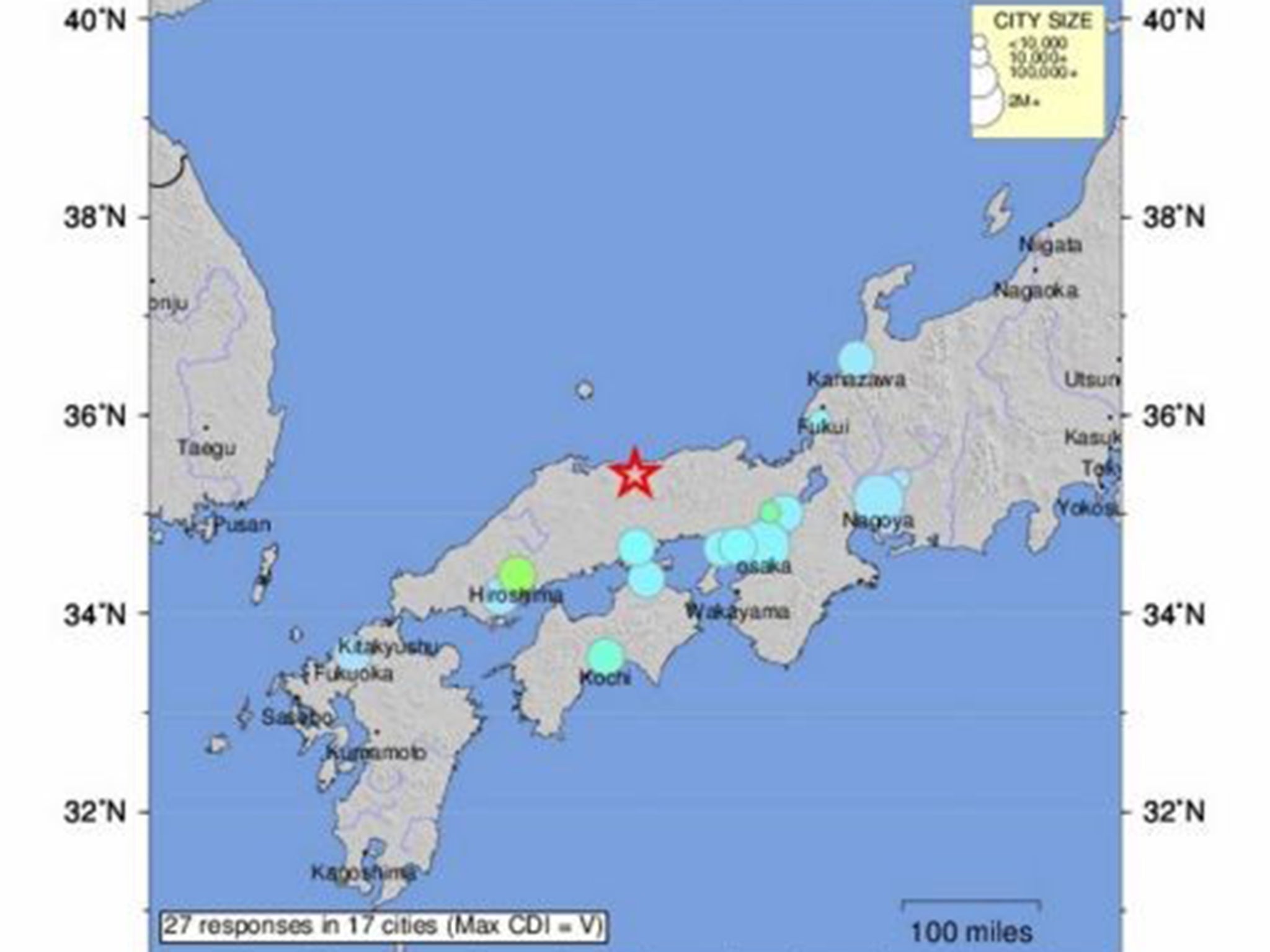 A handout showing where the earthquake struck in Misasa, Tottori Prefecture