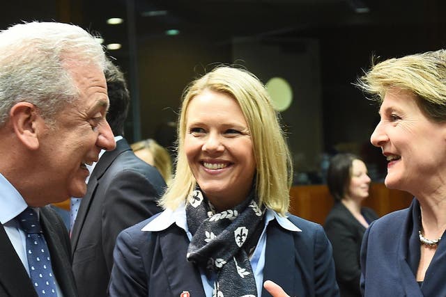 Ms Listhaug, pictured here with European commissioner for migration Dimitris Avramopoulo and Swiss justice minister Simonetta Sommaruga, claims she was 'misunderstood'