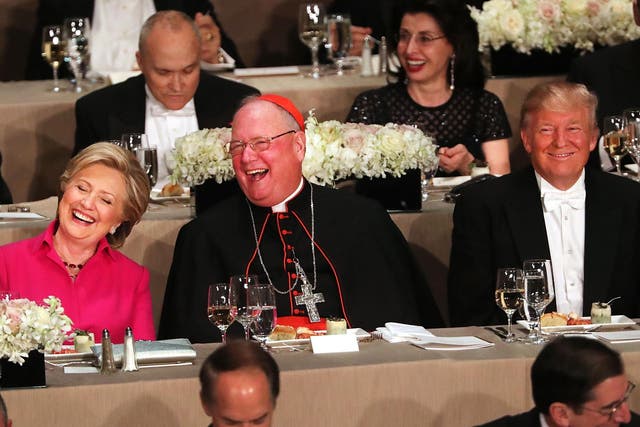 Hillary Clinton, Cardinal Timothy Dolan and Donald Trump at the annual Alfred E Smith Memorial Foundation Dinner