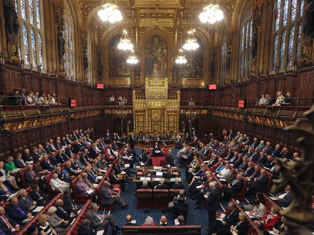 A general view shows the House of Lords chamber in session at the Houses of Parliament in London