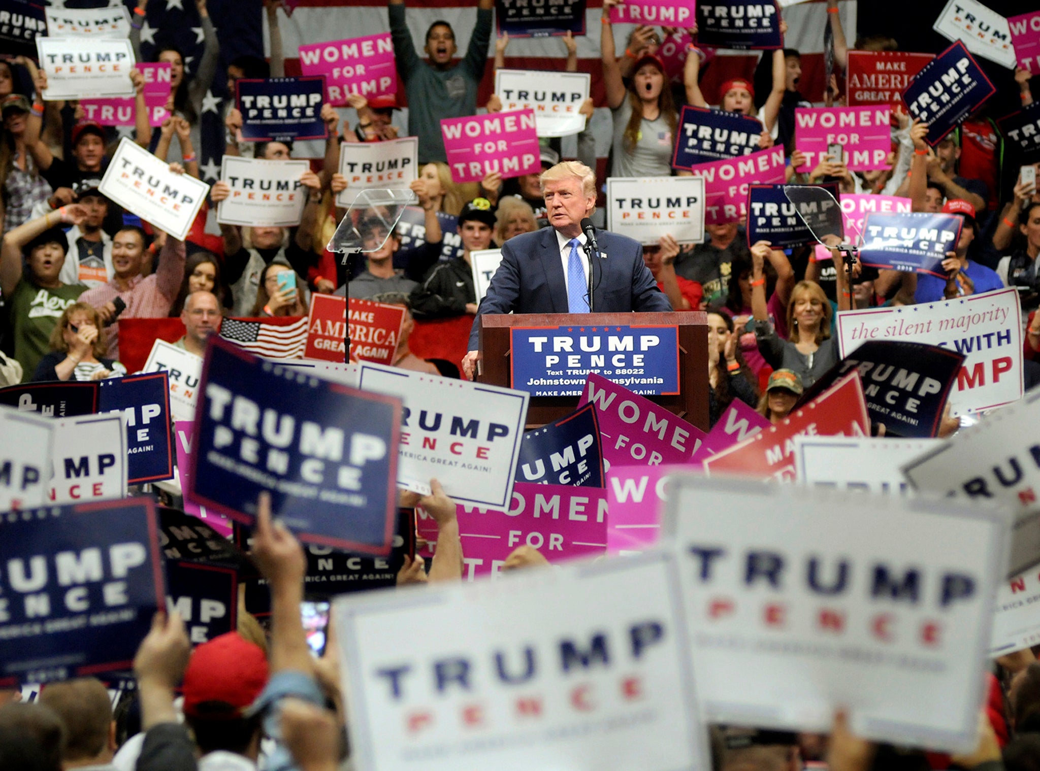 Republican presidential nominee Donald Trump rallies supporters at the Cambria County War Memorial Arena in Johnstown, Pa