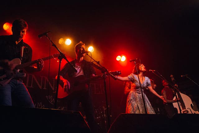 From left to right: Sam Brace, Dan Heptinstall, Lorna Thomas and Michael Camino on the final night of Skinny Lister's UK tour