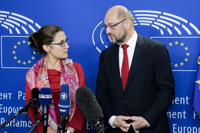 Canadian trade minister Chrystia Freeland with European Parliament president Martin Schulz at the European parliament in Brussels
