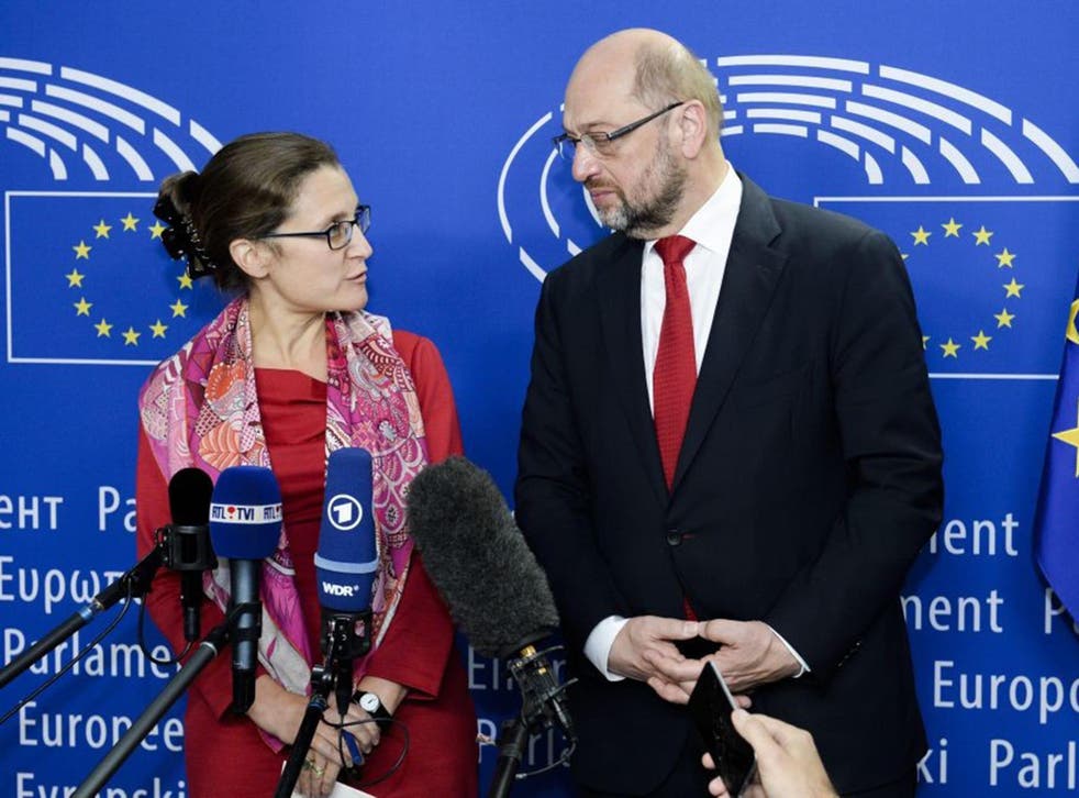 Canadian trade minister Chrystia Freeland with European Parliament president Martin Schulz at the European parliament in Brussels