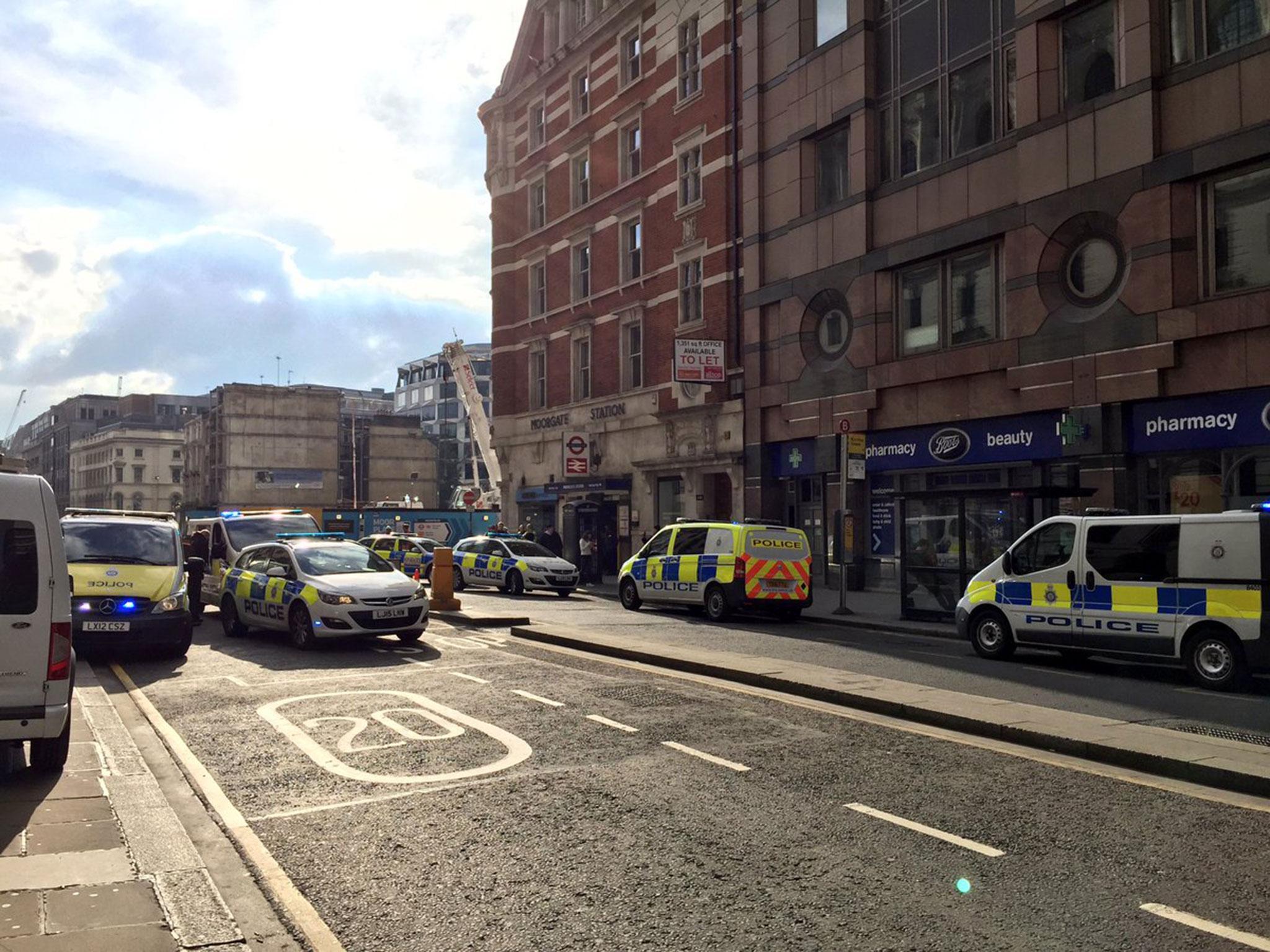 Police cars surround Moorgate station after it was evacuated