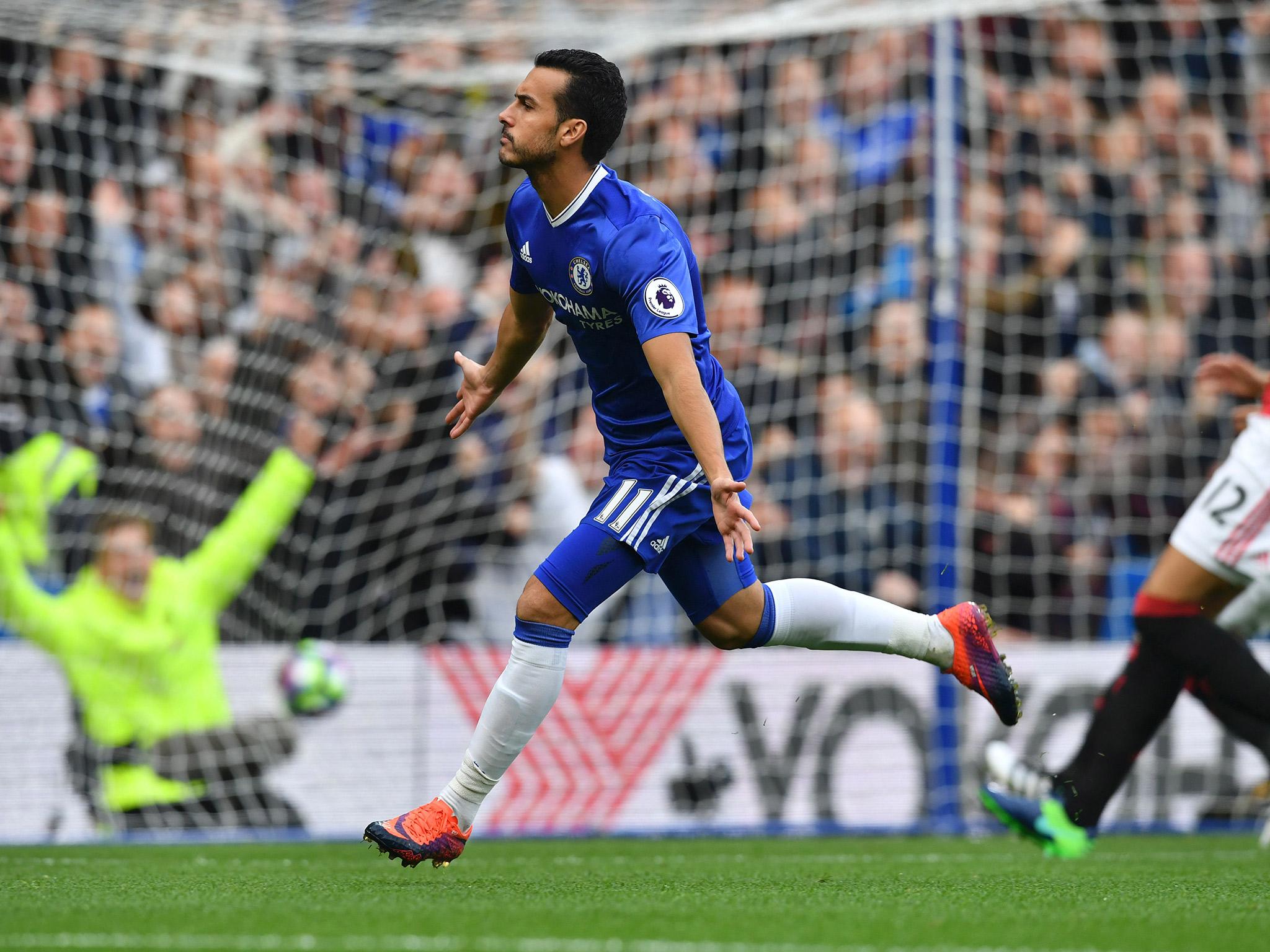 Pedro peels away to celebrate after putting Chelsea ahead in just 29 seconds