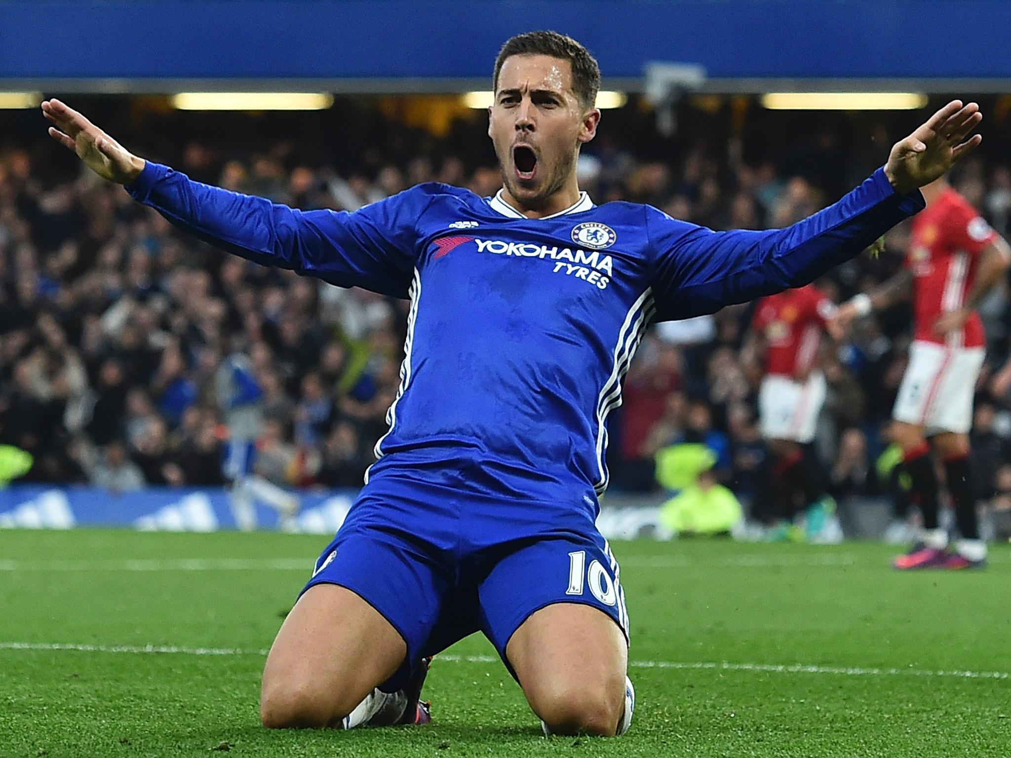 Eden Hazard celebrates scoring Chelsea's third goal against Manchester United