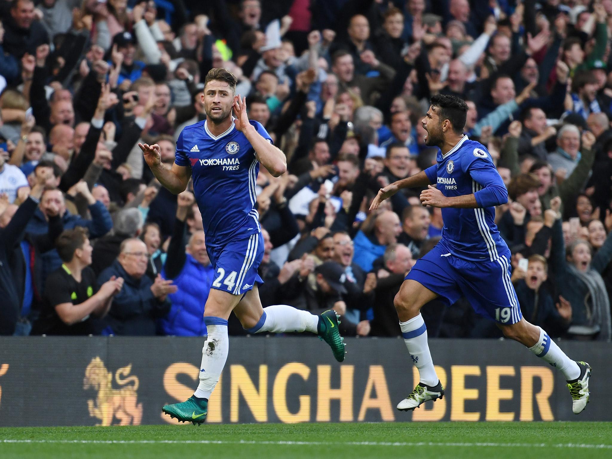 Gary Cahill celebrates after scoring the second