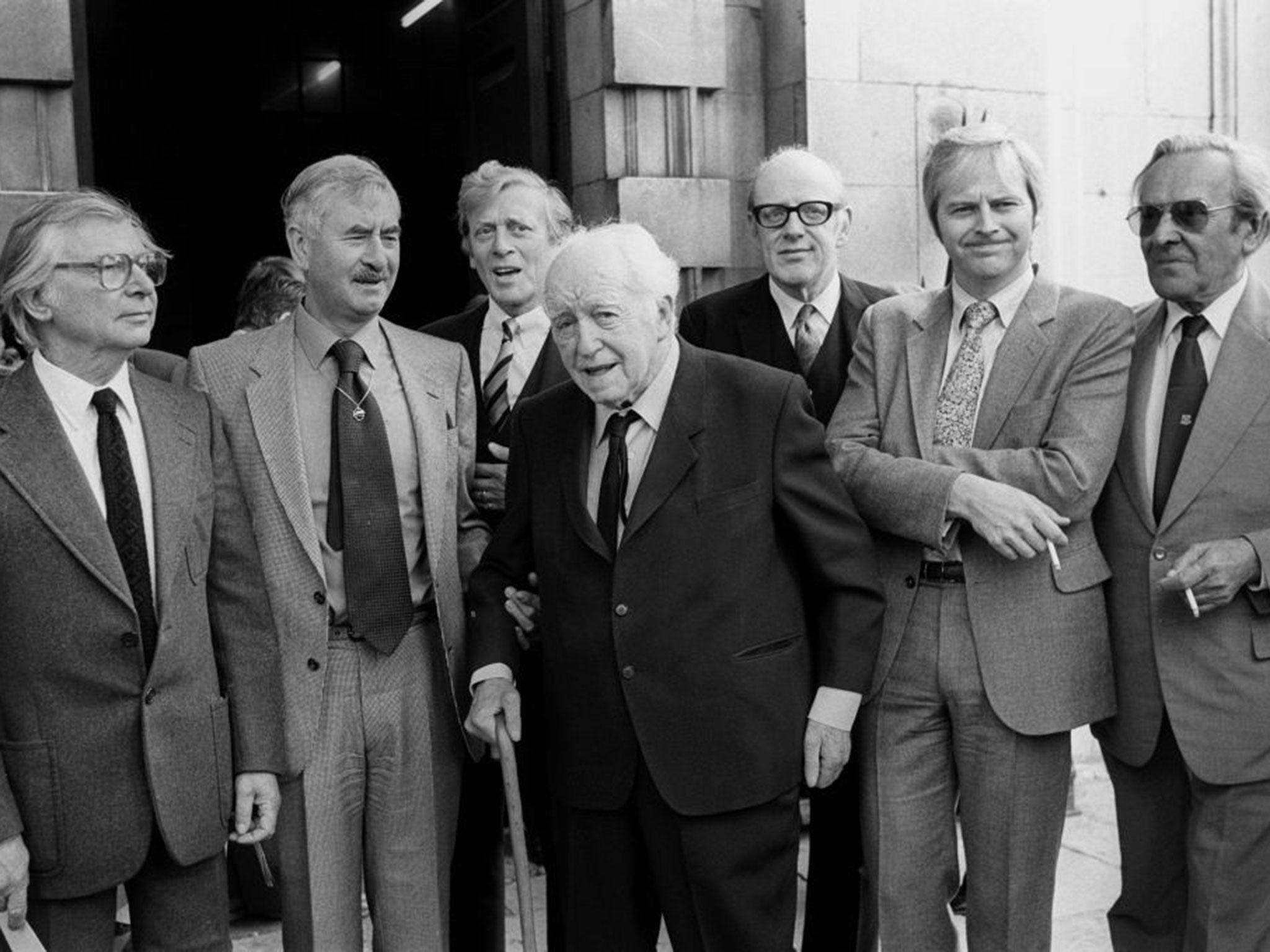 Members of the cast of Dad's Army, after a memorial service for the actor Arthur Lowe who played Captain Mainwaring in the programme. (left to right) Clive Dunn (Private Jones), Bill Pertwee (ARP Warden), Jimmy Perry (author), Arnold Ridley (Private Godfrey), Frank Williams (The Reverend Timothy Farthing), Ian Lavender (Corporal Pike) and John Le Mesurier (Sgt Wilson), (PA/PA Wire )