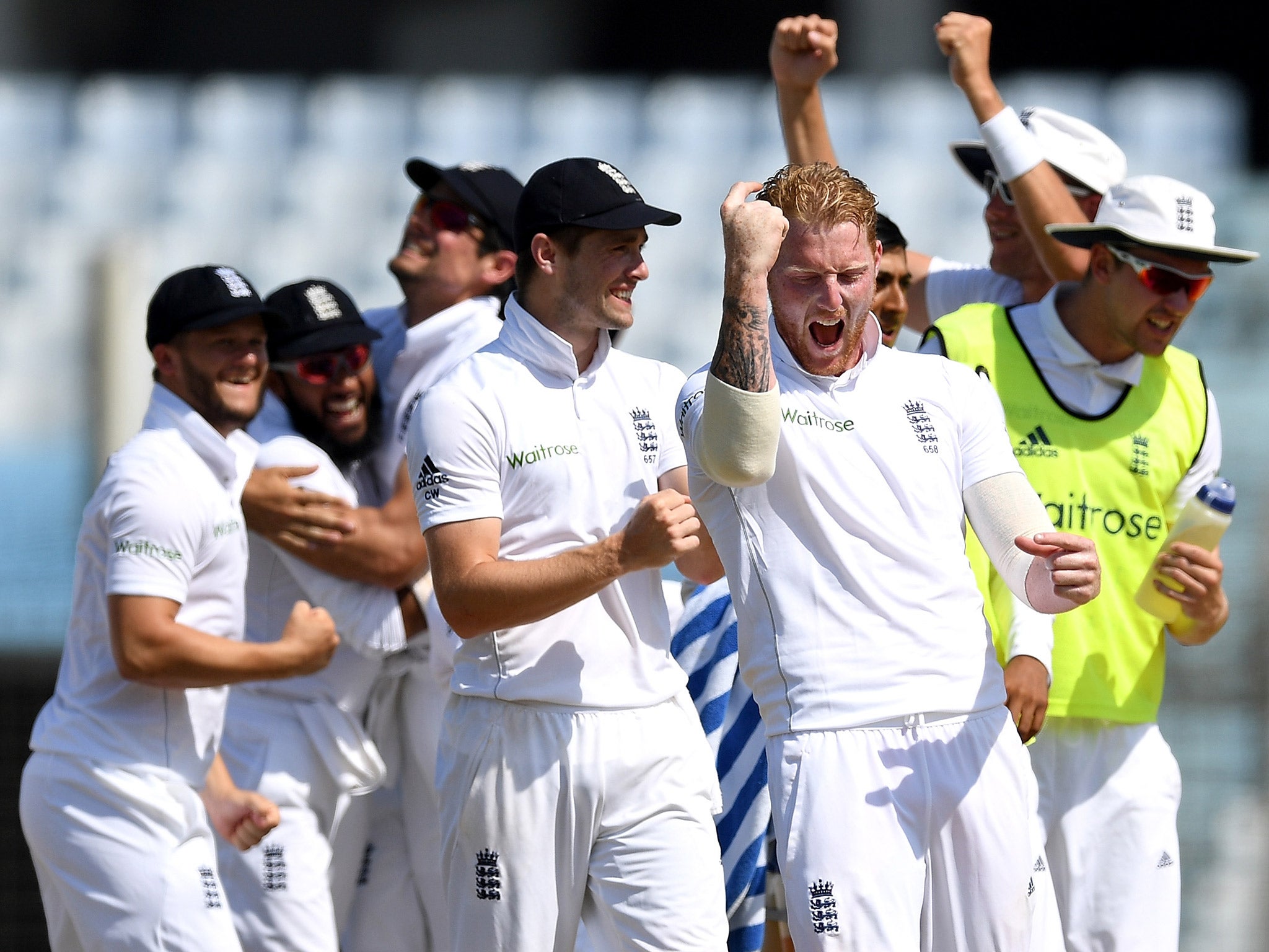 Ben Stokes celebrates securing victory by taking the wicket of Shafiul Islam
