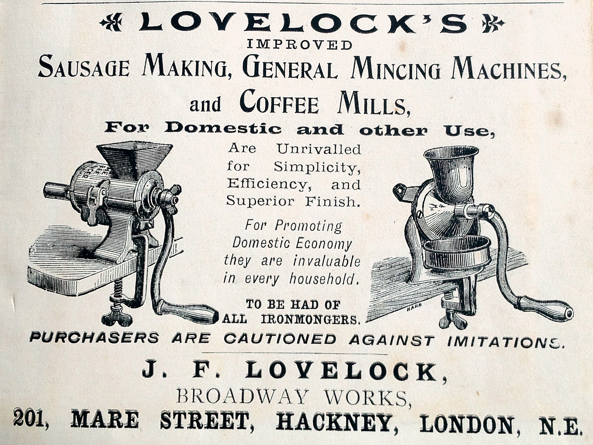 An 1894 advertisement in London for a sausage making machine