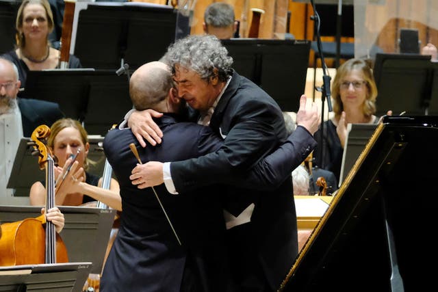 The conductor Semyon Bychkov hugs pianist Kirilli Gerstein at the Barbican (BBC/Ellis O’Brien)
