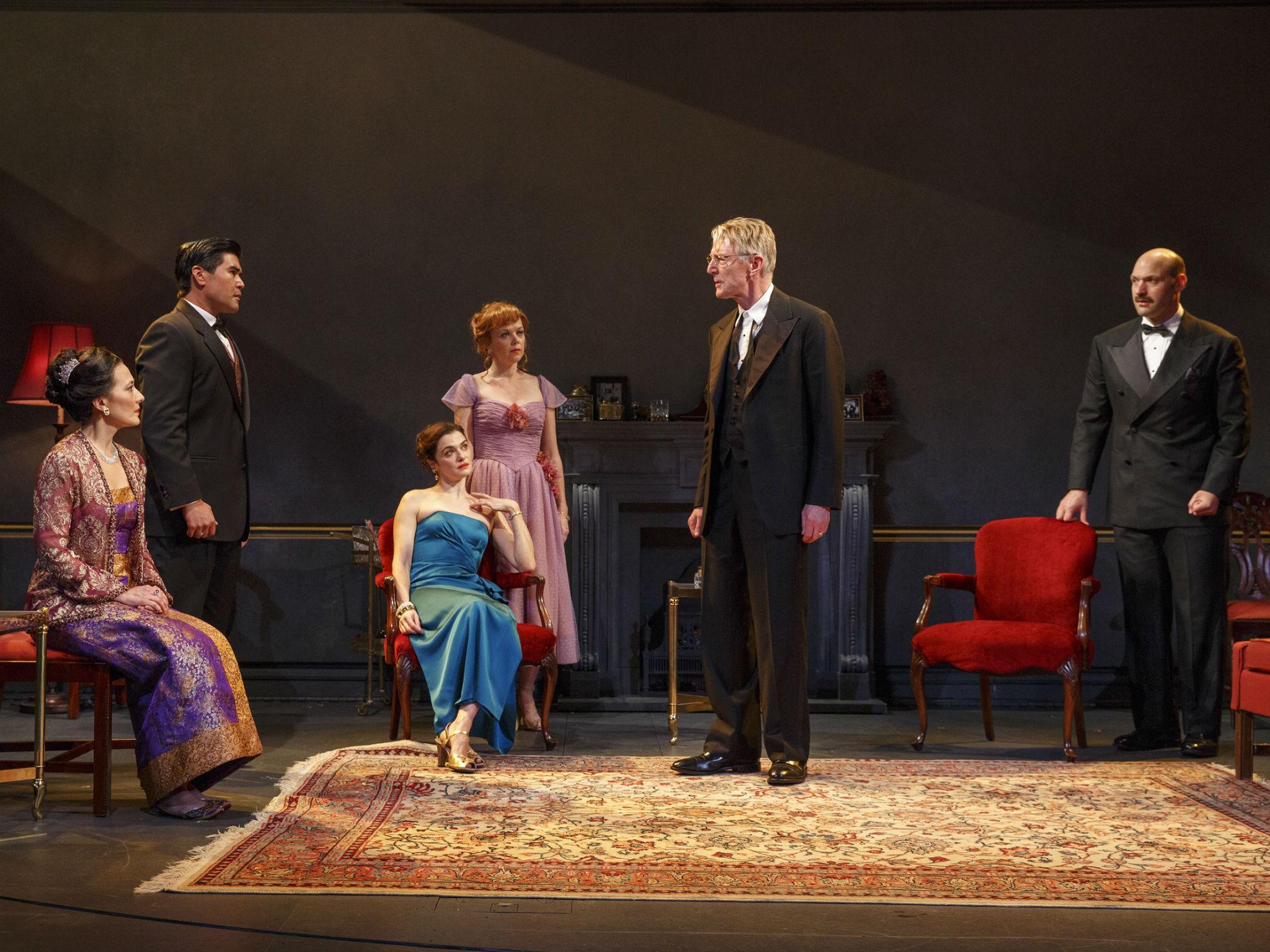 There’s a crisis: Rachel Weisz (seated, centre) as Susan Traherne, with Corey Stoll (far right) as Raymond Brock and Byron Jennings (second from right) as Leonard Darwin, in the Suez scene from David Hare’s ‘Plenty’ at the Public Theatre, New York.