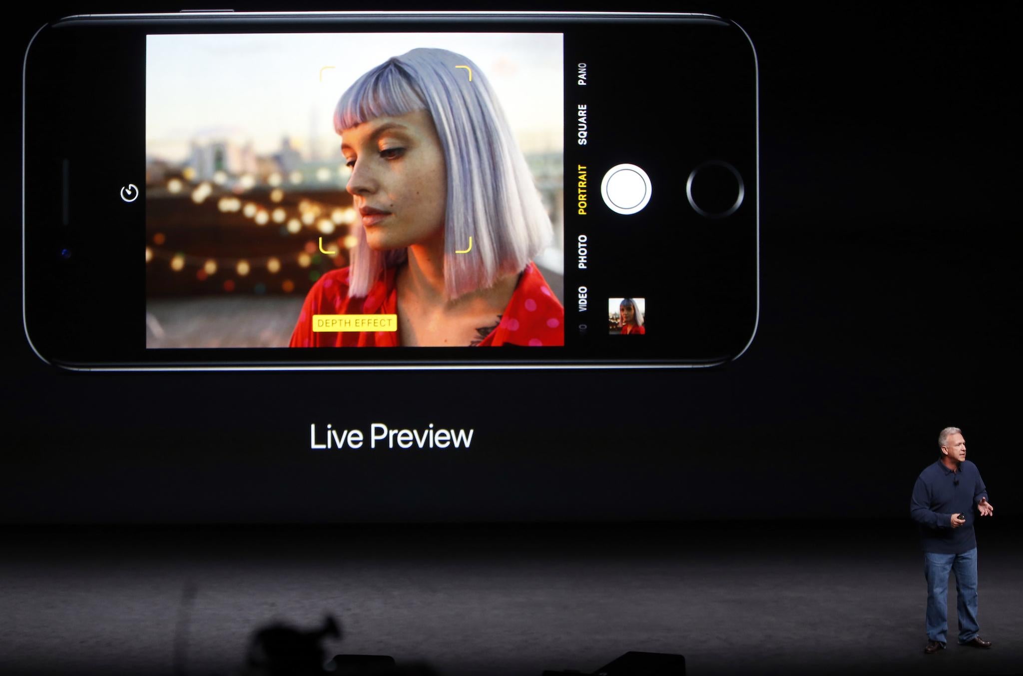 Phil Schiller, Senior Vice President of Worldwide Marketing at Apple Inc, discusses the depth of field and bokeh effects in the iPhone 7 Plus during an Apple media event in San Francisco, California, U.S. September 7, 2016