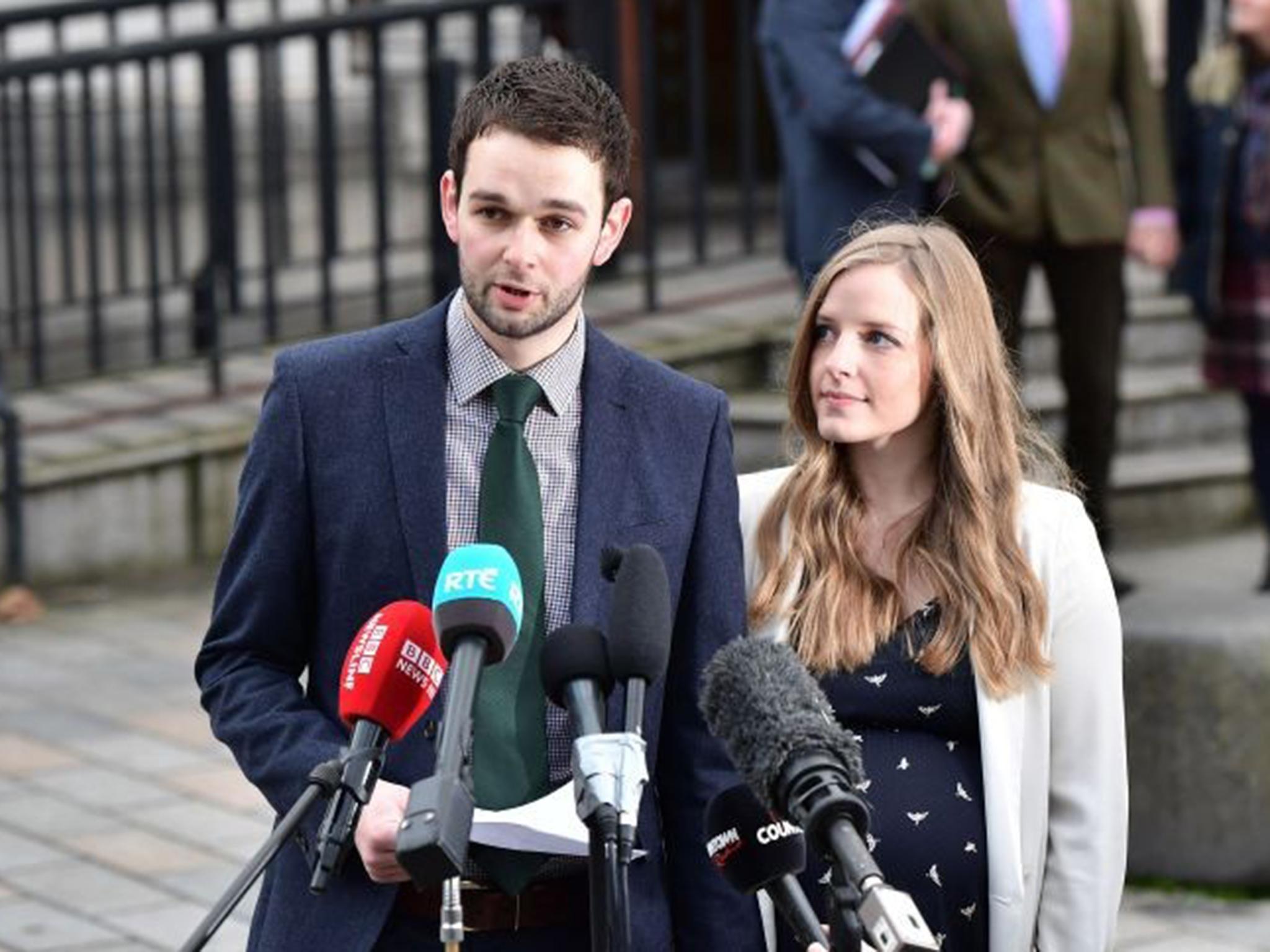 Daniel McArthur, managing director of Ashers Bakery and his wife Amy McArthur outside the High Court in Belfast