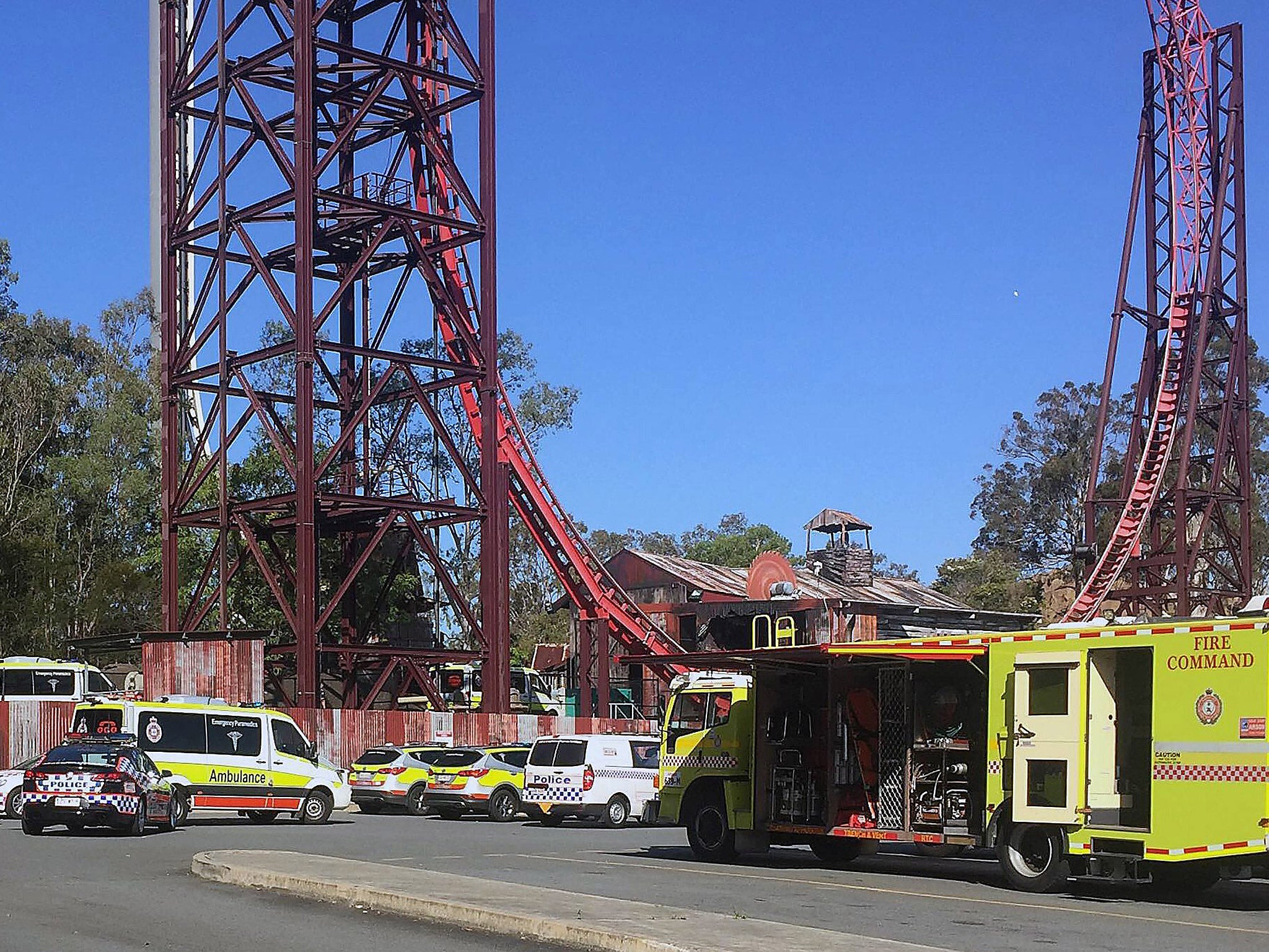 Emergency services vehicles are seen outside the Dreamworld theme park at Coomera on the Gold Coast, Queensland, Australia